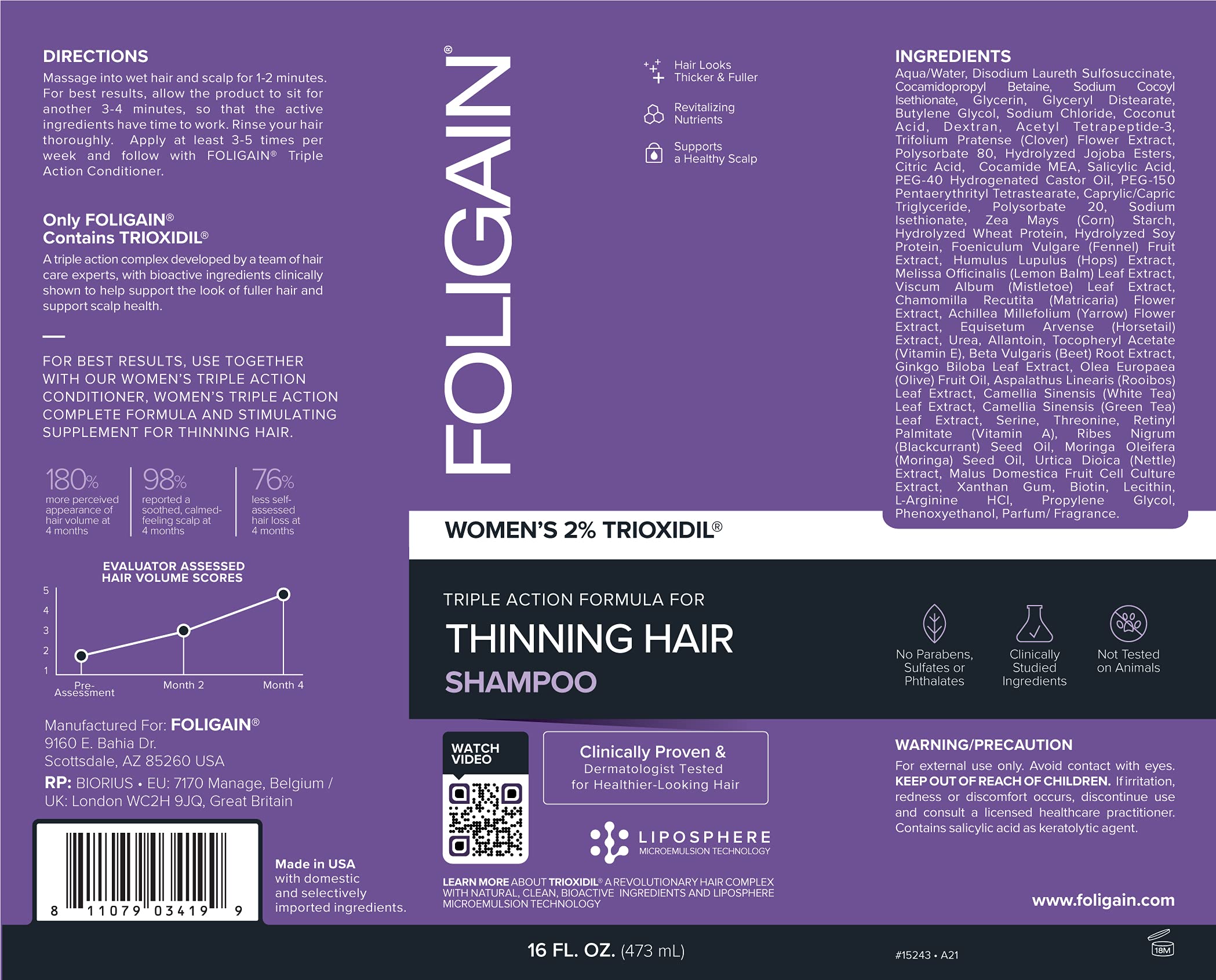 Foligain Triple Action Hair Growth Shampoo for Women with 2% Trioxidil - Volumizing & Thinning Hair Treatment for Fuller, Thicker Hair (16oz) | Daily Use for Hair Loss Prevention & Scalp Health