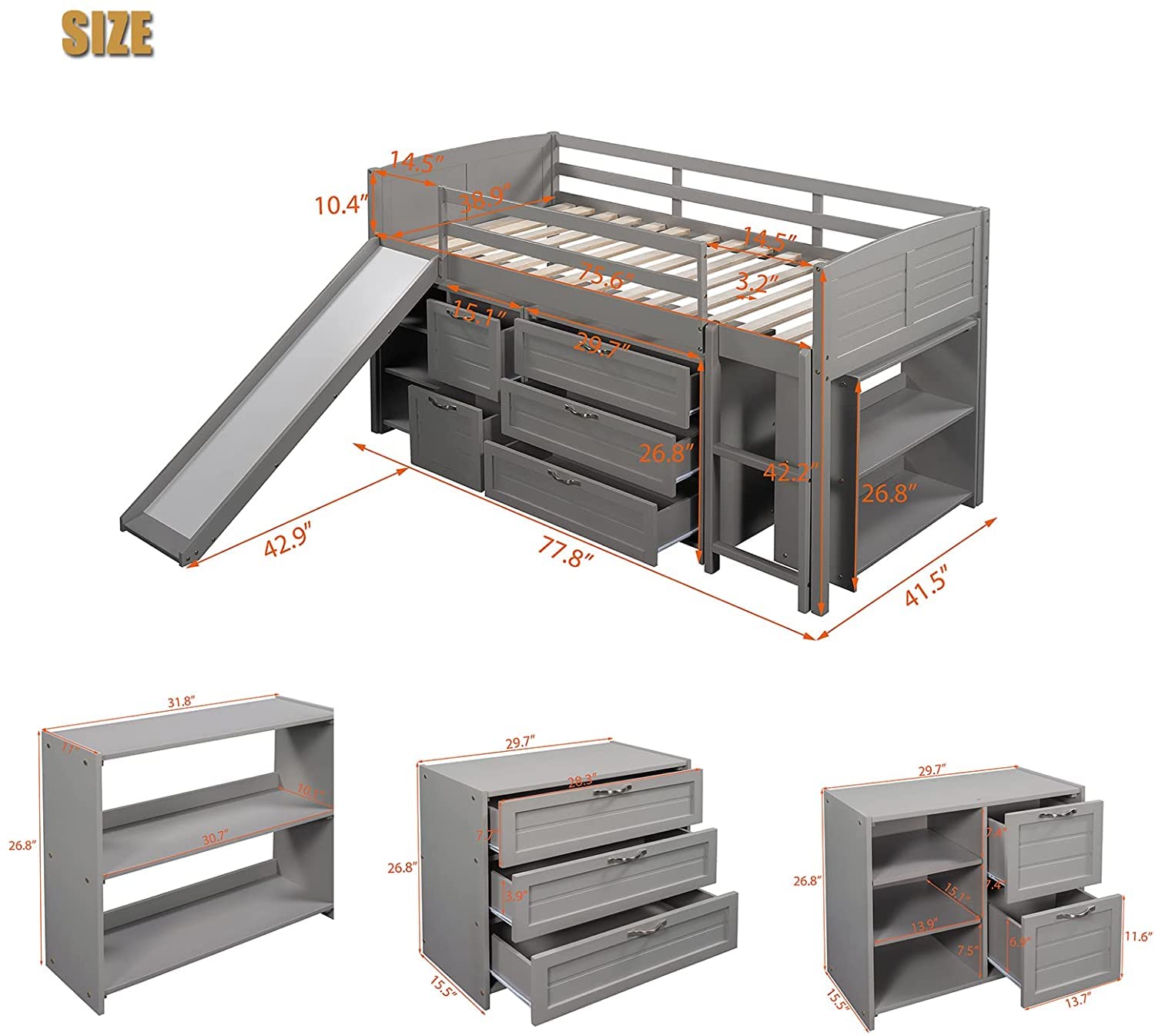 Harper & Bright Designs Twin Size Kids Loft Bed with Slide, Storage Cabinet Drawers & Bookshelves - Low Loft Bed Frame for Boys & Girls - No Box Spring Needed (Gray) - Perfect for Small Bedrooms, Playrooms & Space-Saving Kids' Rooms