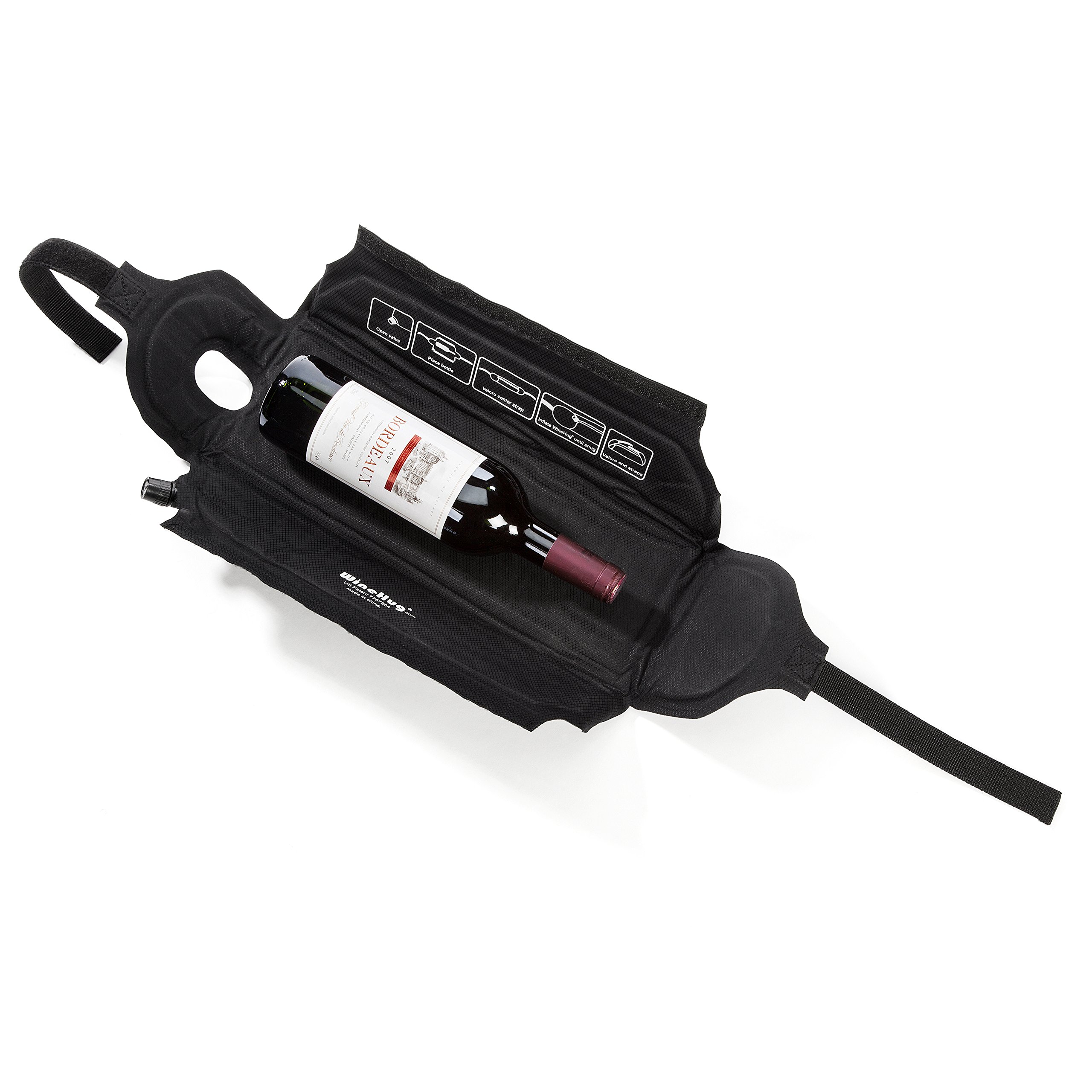 Winehug Self-Inflating Protective Travel Pouch for Wine Bottles - Black | Perfect for Airplane, Camping & Gift Packaging