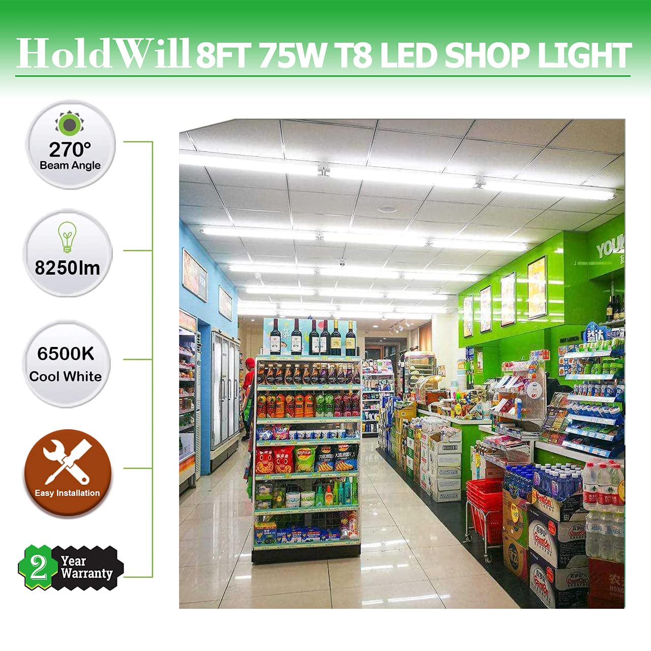 12 Pack LED Shop Light Fixture - 8FT 75W Integrated V-Shaped Tube Light, Linkable White Daylight 6000K Garage Lighting - Indoor Workshop Lights with On/Off Switch & Clear Cover - Perfect for Garages, Warehouses, and Commercial Spaces