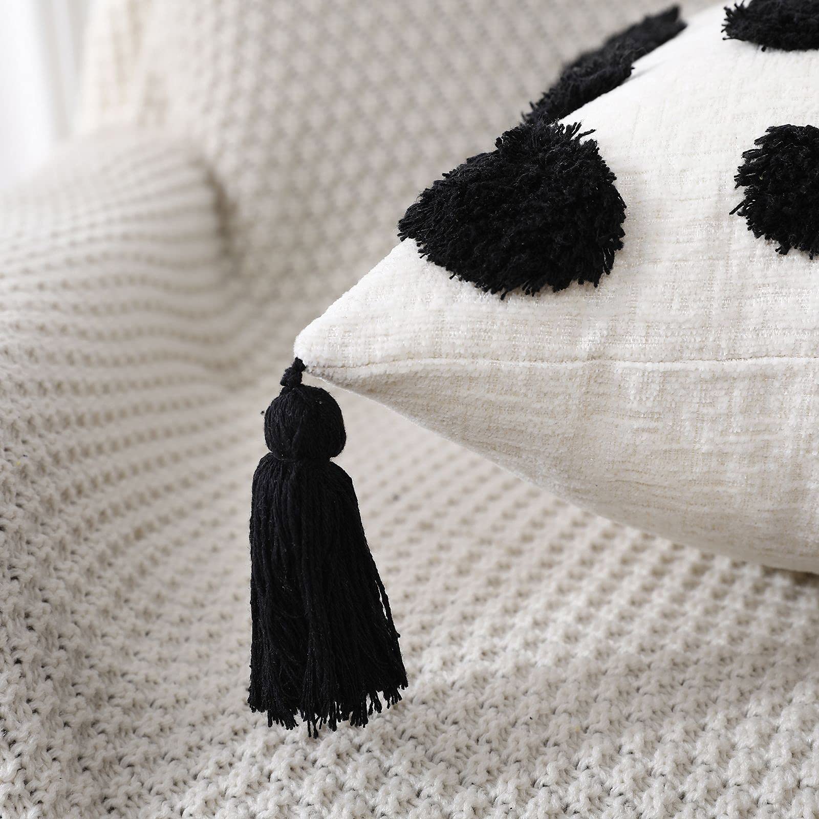 PANOD Super Soft Farmhouse Decorative Plush Throw Pillow Covers 24x24 Inches - Black Solid Pom Pom Tufted with Tassels, Modern Boho Square Cushion Cover for Couch, Sofa & Bed - Perfect for Living Room, Bedroom Decor & Cozy Home Accents