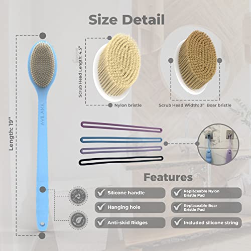 Avilana 19 Inch Silicone Back Scrubber with Handle - Exfoliating Shower Brush for Men & Women - Long Reach Body Scrubber for Hard to Reach Areas - Perfect for Back, Shoulders, and Feet Cleaning in Bath or Shower