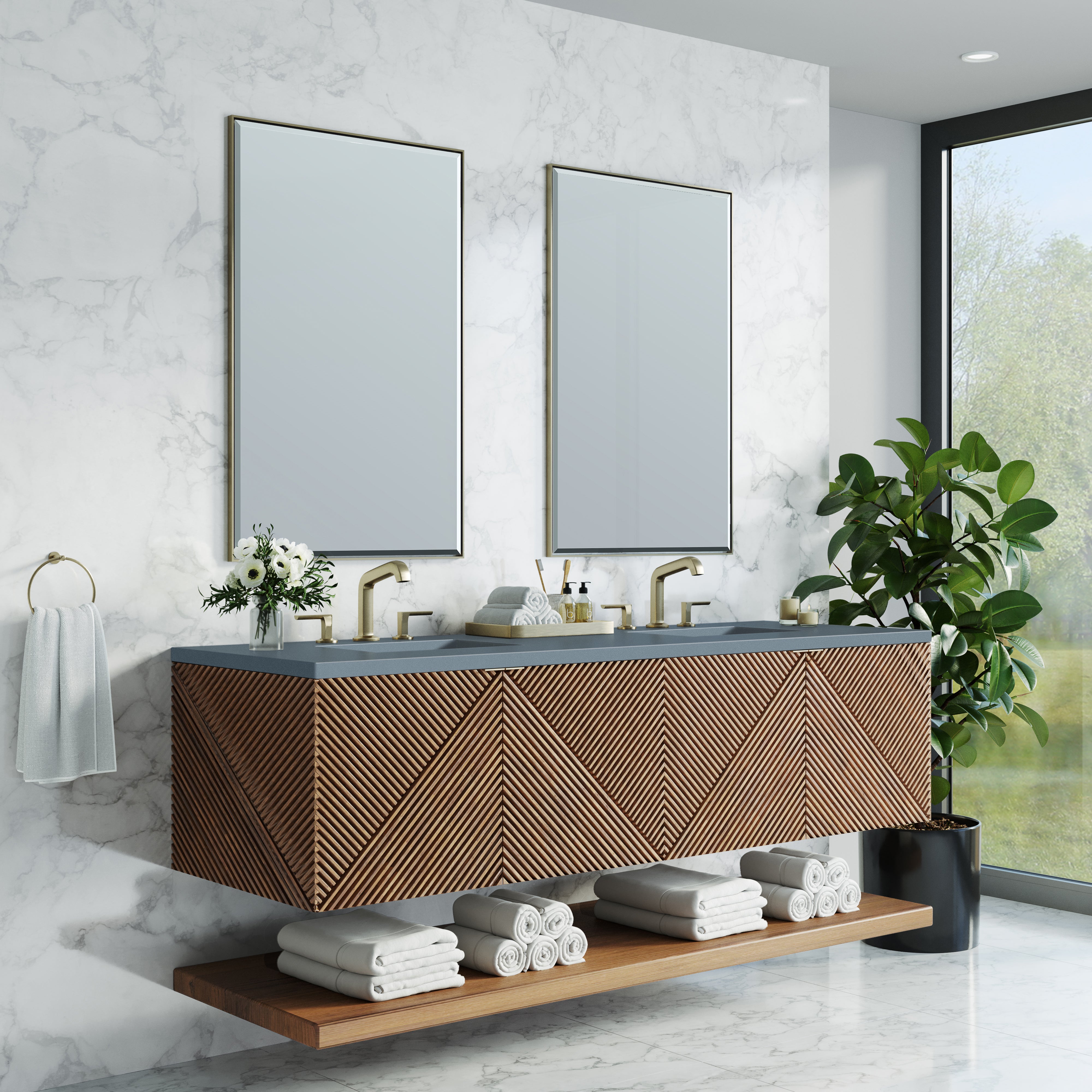 Marcello 72 Inch Double Bathroom Vanity with Sink - Chestnut Wood & 3CM Calacatta Blue Quartz Top - Perfect for Master Bathroom or Guest Bath Renovation