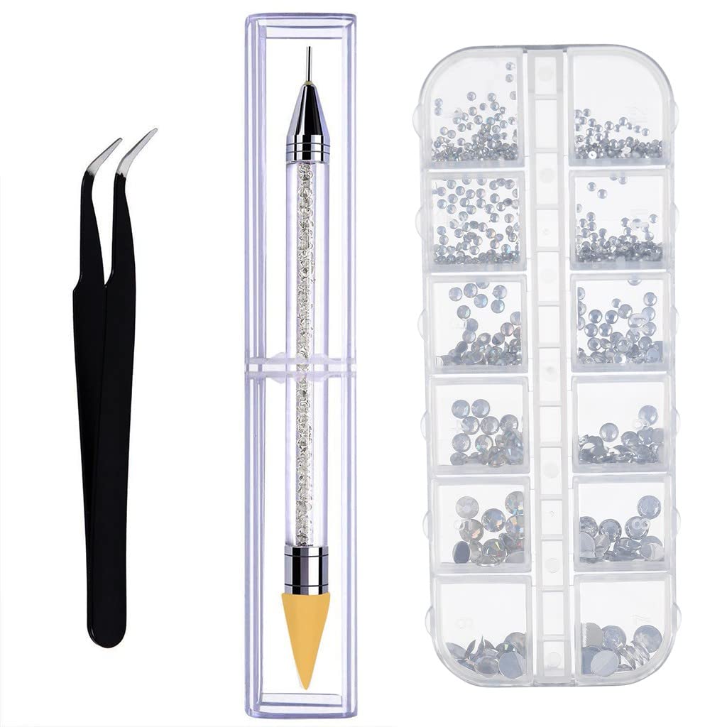 6 Sizes Transparent Nail Crystal Pens with Tweezers - Rhinestone Pick-Point Tools for Nail Art, DIY Crafts & Jewelry Making | Perfect for Manicures, Decorations & Gift Packaging