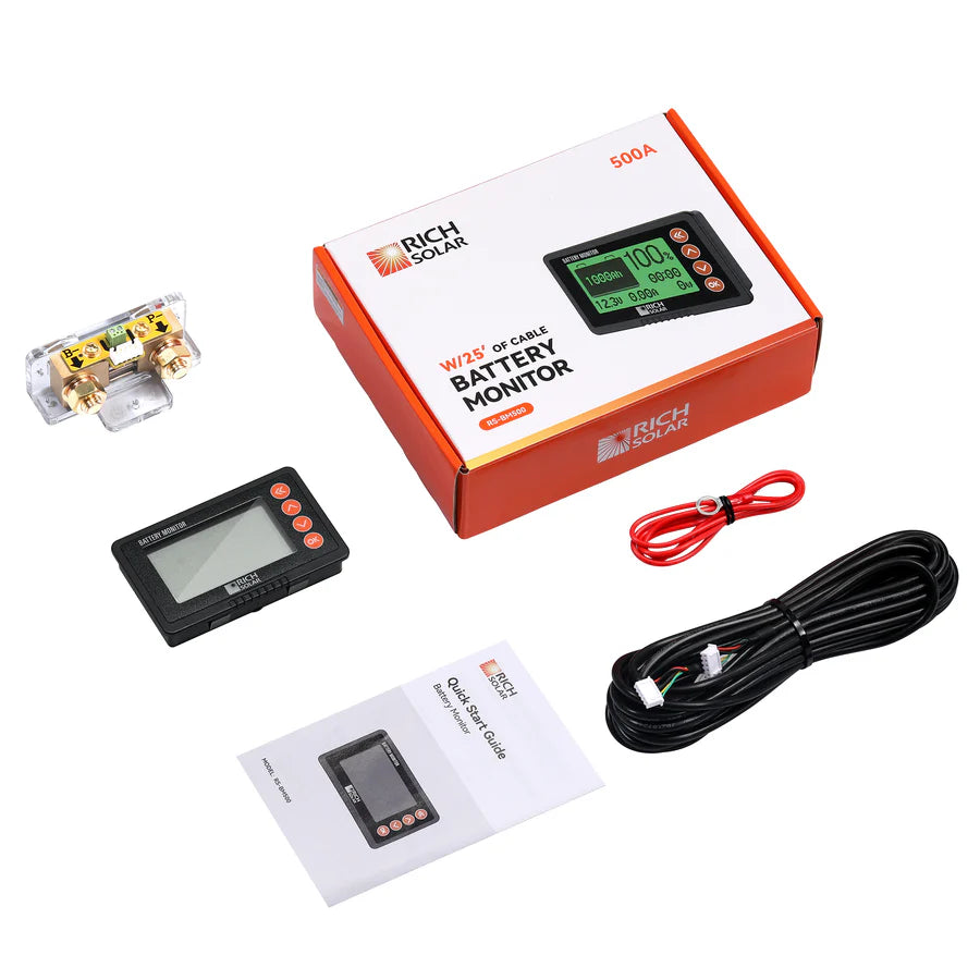 RICH SOLAR 500A Battery Monitor with LCD Display - 8~120V RV Battery Monitor for Solar Power, Marine, Automotive & Off-Grid Applications - Perfect for RV, Boat, Truck & Home Energy Systems