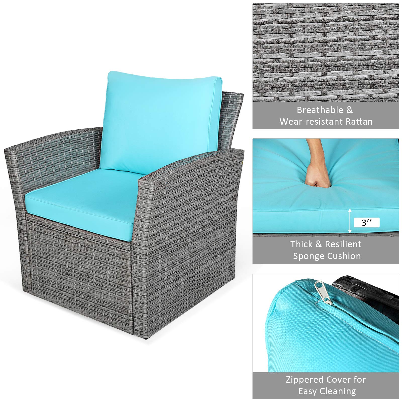 Tangkula 4-Piece All-Weather Outdoor Patio Furniture Set - Wicker Rattan Sectional Sofa with Cushions & Tempered Glass Table - Turquoise Conversation Set for Backyard, Garden, Poolside, Deck & Patio Relaxation
