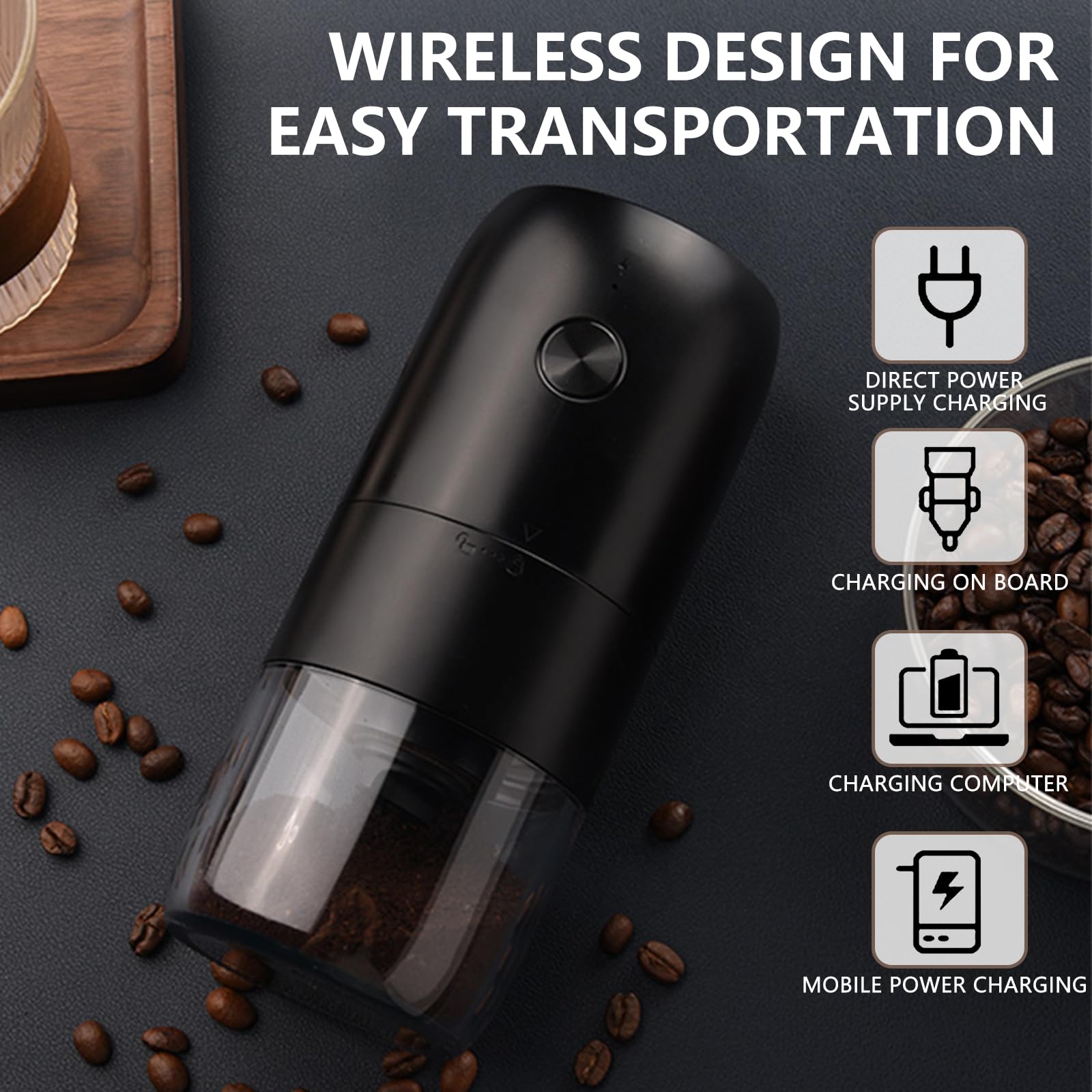 Premium Electric Coffee Grinder with Ceramic Burr - Adjustable Coarseness, Portable & Rechargeable Mini Espresso Bean Grinder for Home, Office & Travel - Perfect for French Press, Drip Coffee & Cold Brew (Black)