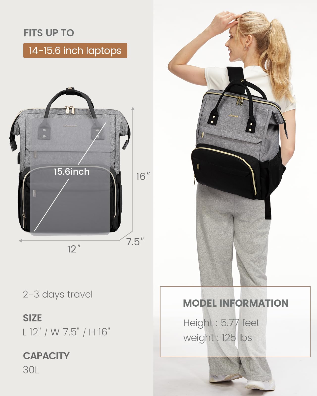 LOVEVOOK Women's Laptop Backpack - Stylish Business Travel Backpack with USB Charging Port, Fits 15.6 Inch Laptop, Perfect for Work, School & Commuting - Grey & Black