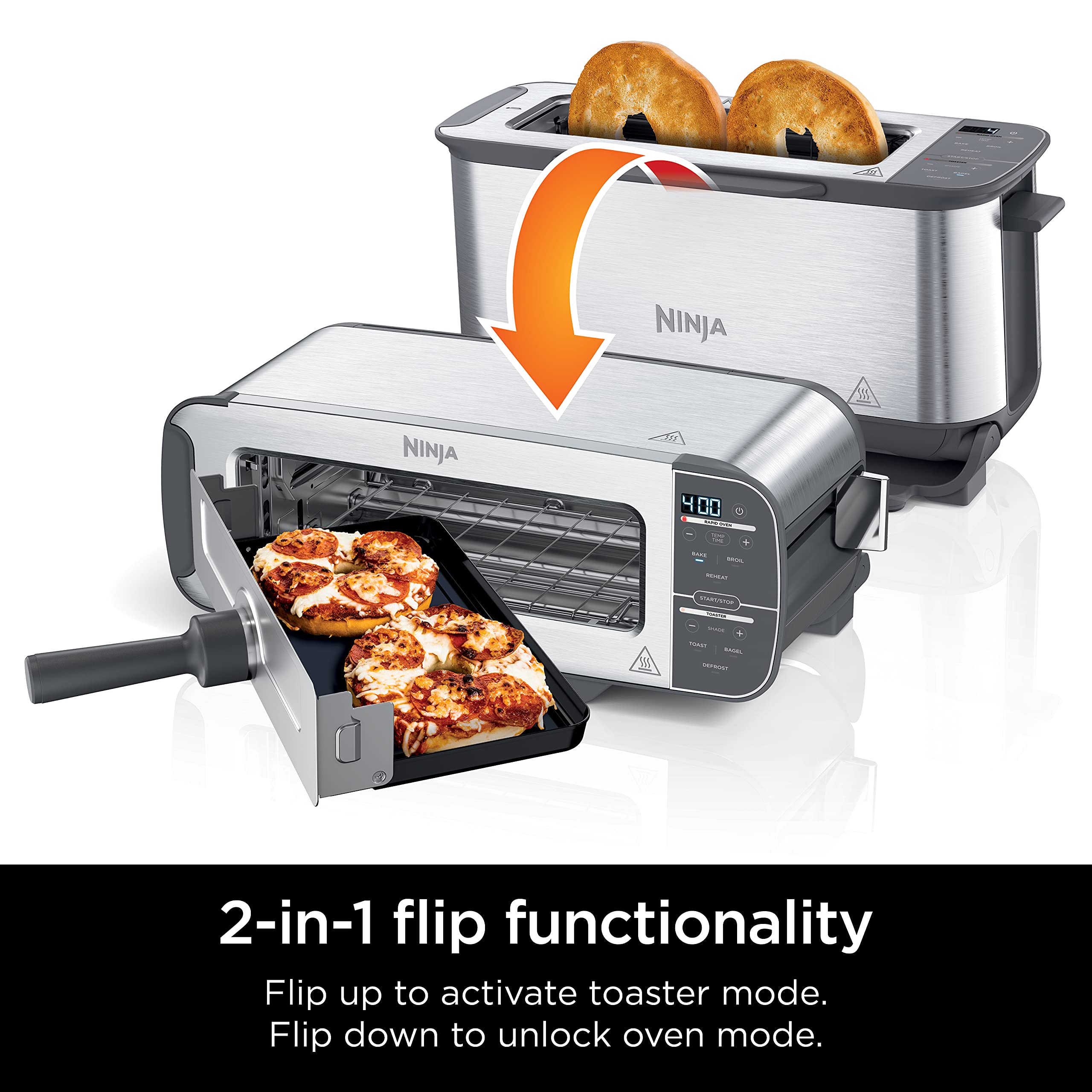 Ninja ST101 Foodi 2-in-1 Flip Toaster Oven - 2-Slice Compact Toaster with 6 Functions (Reheat, Defrost, Snack Maker) - 1500W Stainless Steel Countertop Appliance - Perfect for Breakfast, Quick Meals & Small Kitchen Spaces