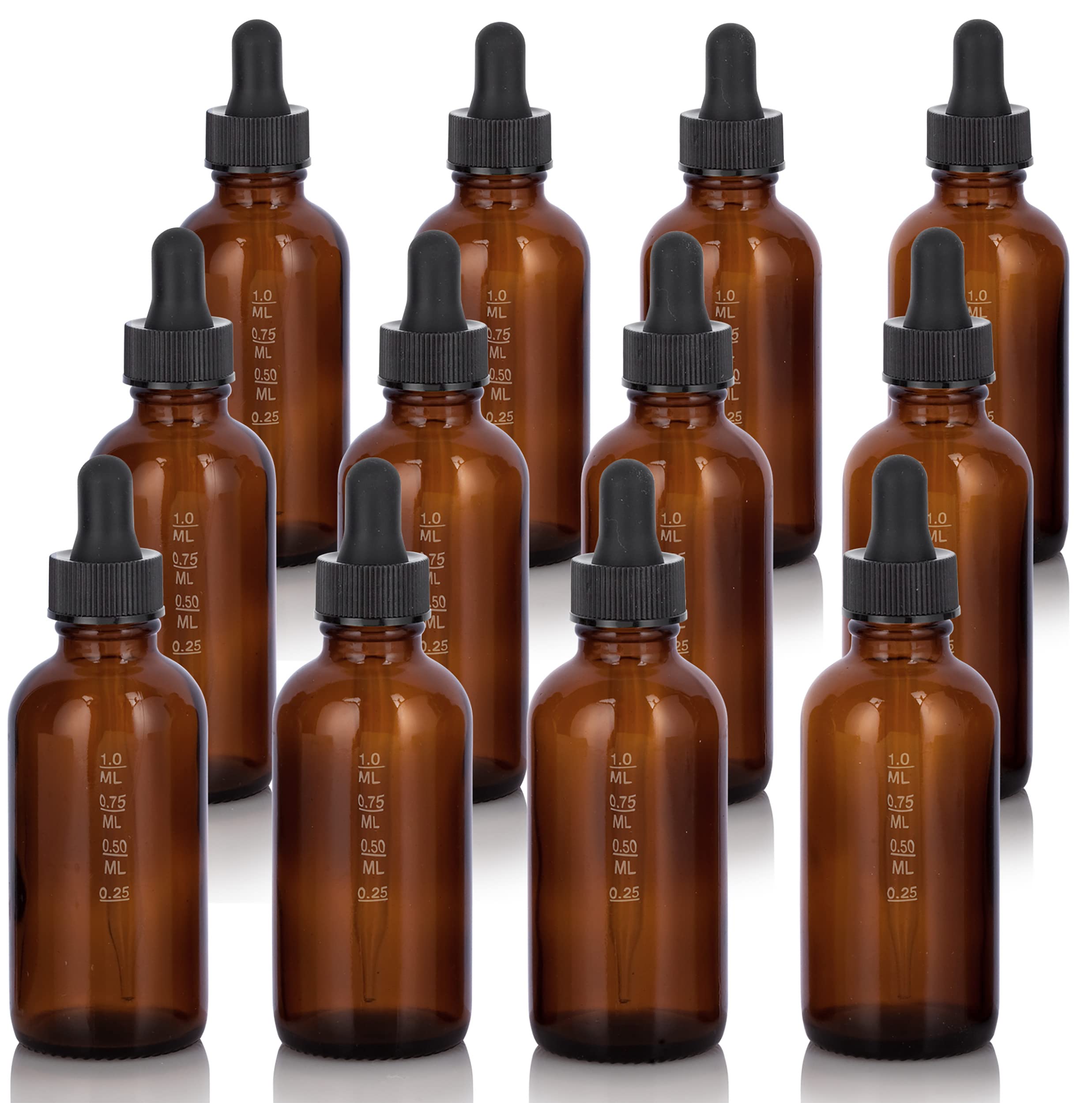 JUVITUS 2 oz Amber Glass Boston Round Bottles with Graduated Measurement & Dropper - 12 Pack with Free Funnel - Essential for Essential Oils, CBD, Tinctures & DIY Beauty Products
