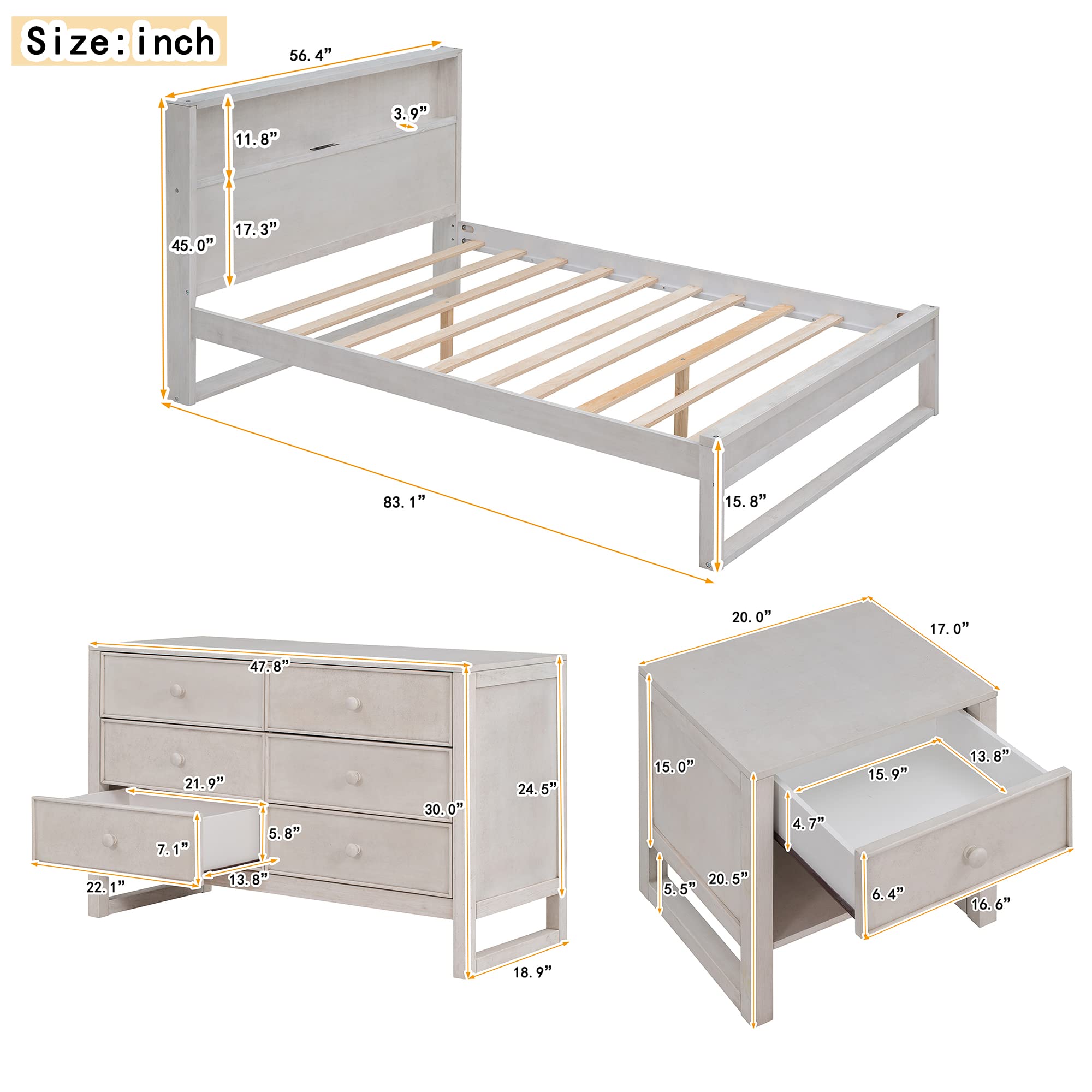 Harper & Bright Designs 3-Piece Full Size Bedroom Set with USB Ports - Solid Wood Platform Bed, Nightstand & Dresser for Kids, Teens & Adults (Antique White) | Modern Bedroom Furniture for Small Spaces & Guest Rooms