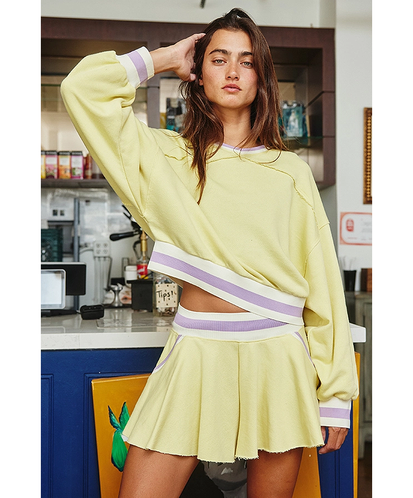 Anna Stripe Banded Crop Sweatshirt - Women's Fashion Pullover Top for Casual Wear, Street Style & Loungewear | Trendy Oversized Sweater for Fall & Winter Outfits