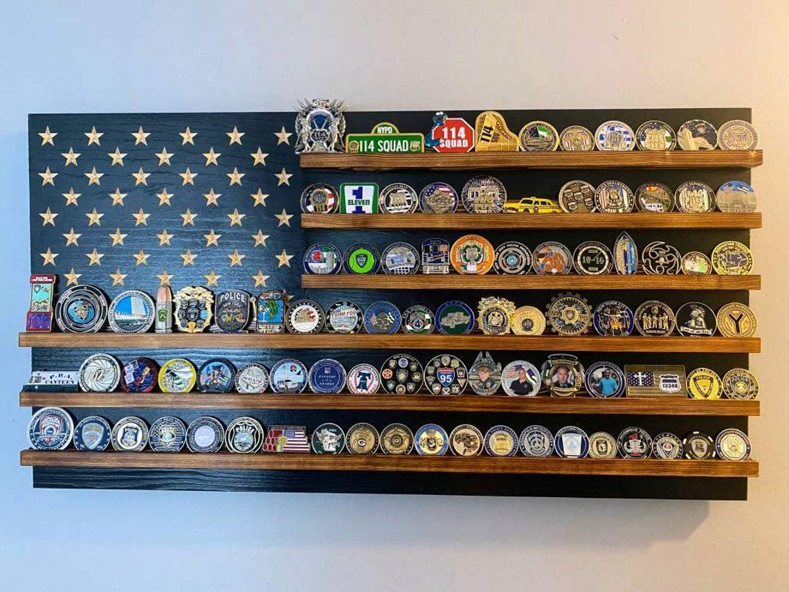 American Flag Challenge Coin Holder Display - Wooden Shelf Holds 90-100 Coins | Military, Police, Law Enforcement & First Responders Gift | Handmade in Texas | Perfect for Office, Home Decor & Collection Display
