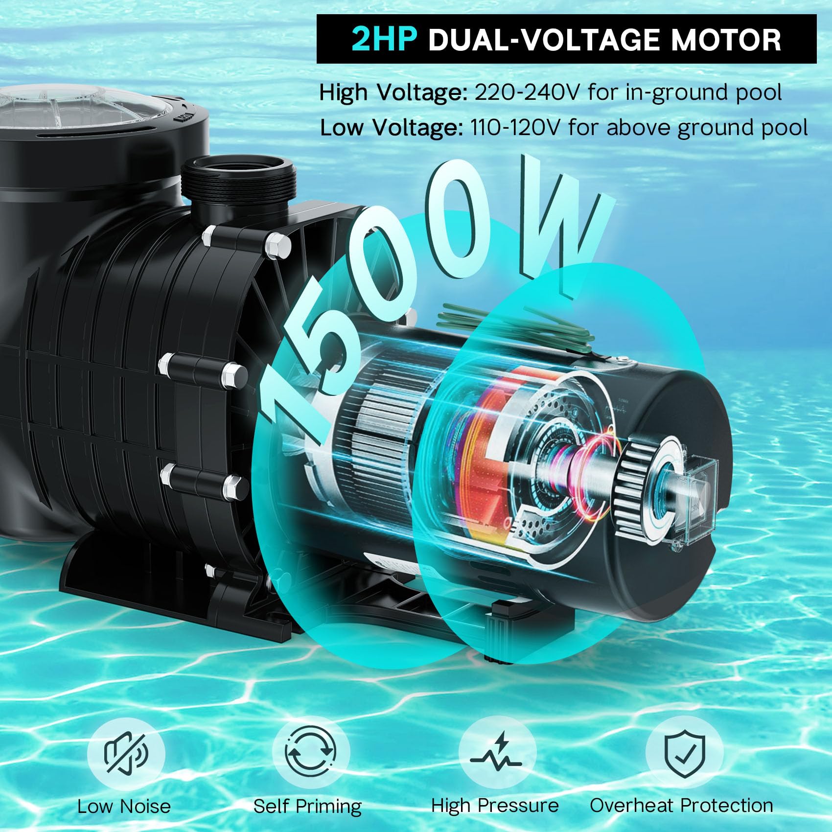 2 HP 6900GPH Powerful Self-Priming Pool Pump for Above Ground/Inground Pools (15,000-31,000 Gallons) - Dual Voltage Swimming Pool Pump with Strainer Basket & Drain Plug | Ideal for Backyard, Residential & Commercial Pool Maintenance