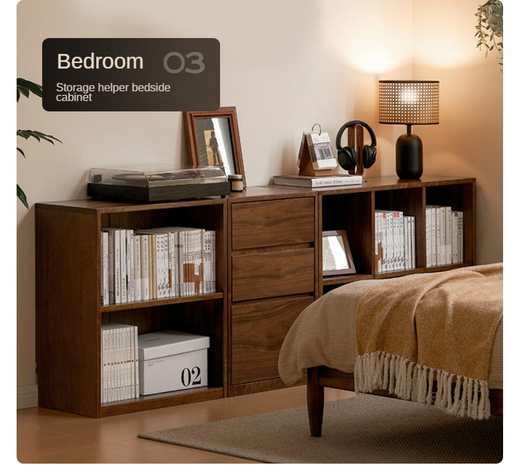 Solid Black Walnut Wood Bookshelf - Low Profile Wall Mounted or Floor Standing Cabinet for Living Room, Bedroom & Home Office Storage