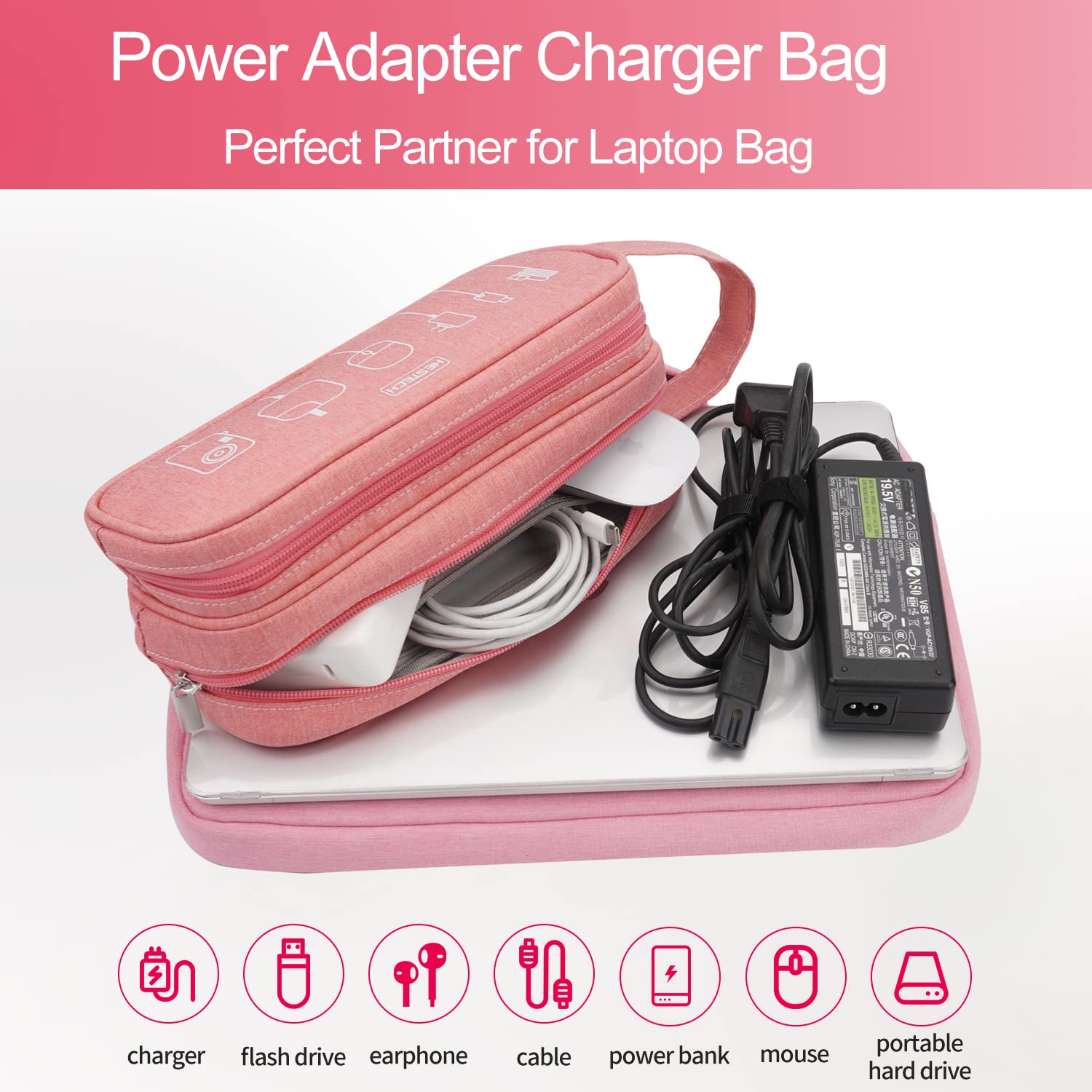 HESTECH Waterproof Double Layer Electronics Organizer Bag - Portable Travel Charger Case for Cables, Mouse, Earbuds, USB Drives (Salmon, Medium) - Perfect for Office, Travel & Home Organization