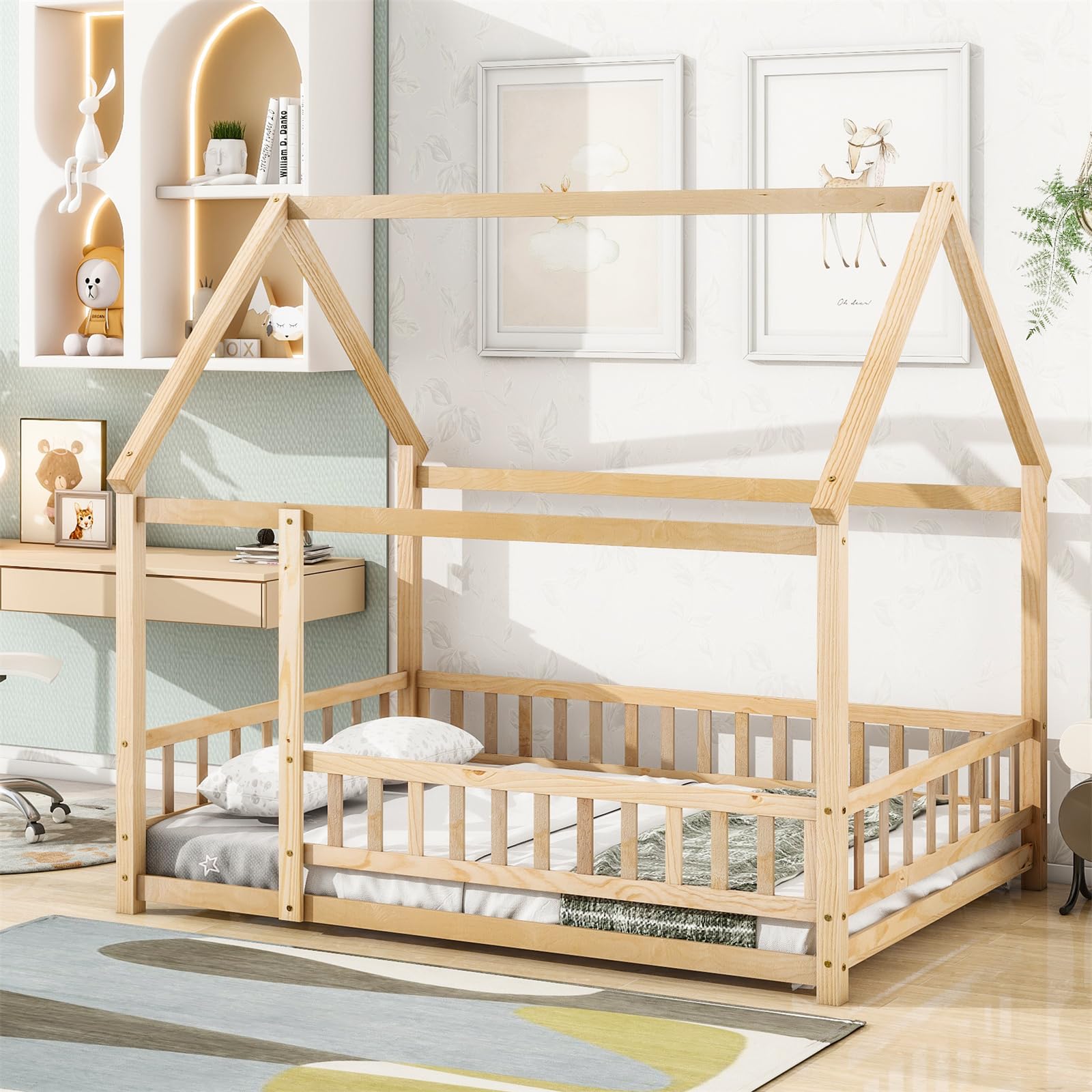 Montessori Full Size House Bed with Fence & Roof Design - Natural Wood Floor Bed Frame for Kids, Toddlers Boys & Girls - Perfect for Bedroom, Playroom & Montessori Learning Spaces