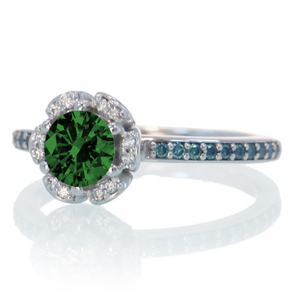 1.5 Carat Unique Flower Halo Round Emerald & Moissanite Diamond Engagement Ring in 10K White Gold - Perfect for Proposals, Weddings & Anniversary Gifts