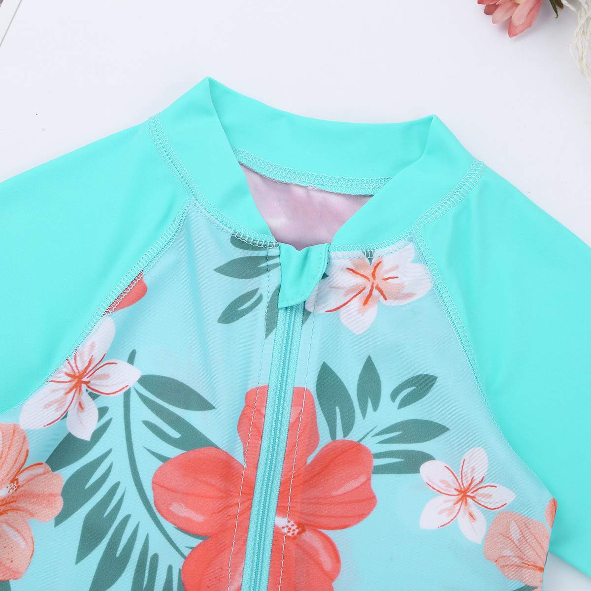 FEESHOW Girls' Long Sleeve Floral Rash Guard Swimsuit - UPF 50+ Sun Protection, Front Zipper One-Piece Swimwear for Toddler & Baby (Beach, Pool, Water Park)