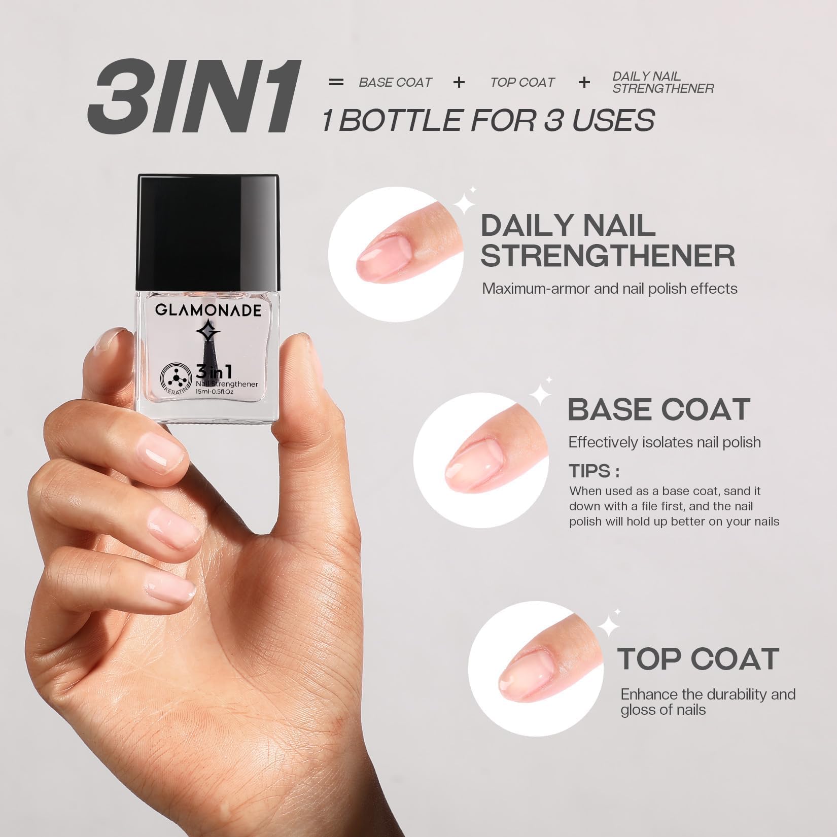 3-in-1 Clear Base Top Coat Nail Polish - Quick Dry Nail Strengthener & Growth Hardener for Damaged Nail Treatment & Repair (0.5 fl oz) - Perfect for Salon-Quality Manicures at Home, Nail Care Routine & Weak Nail Restoration