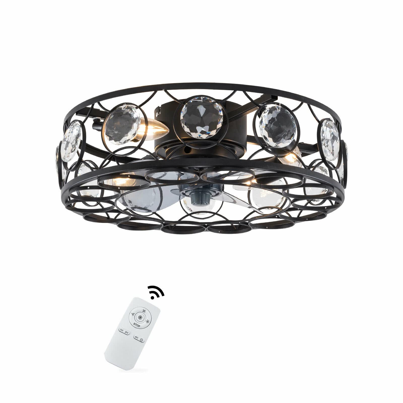 18In Flush Mount Caged Ceiling Fan with Lights & Remote Control - Low Profile Bladeless Industrial Design for Living Room, Kitchen, Bedroom - Perfect for Modern Homes & Small Spaces (Black Crystal Caged B)