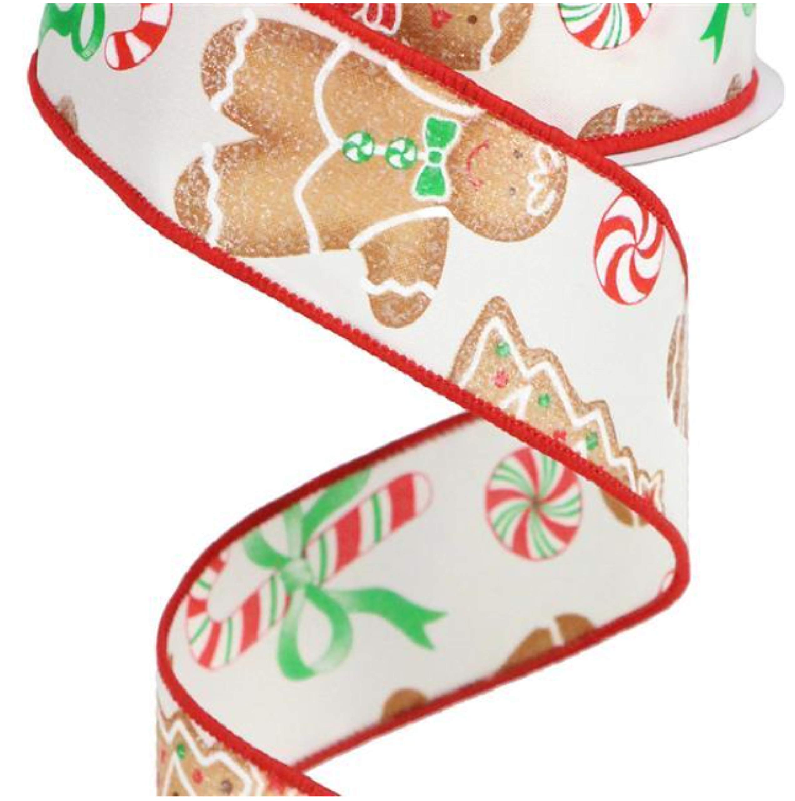 Gingerbread with Candy Wired Edge Ribbon - 10 Yards Ivory 1.5 Inch Christmas Decoration Ribbon for Gift Wrapping, Tree Trimming & Holiday Crafts