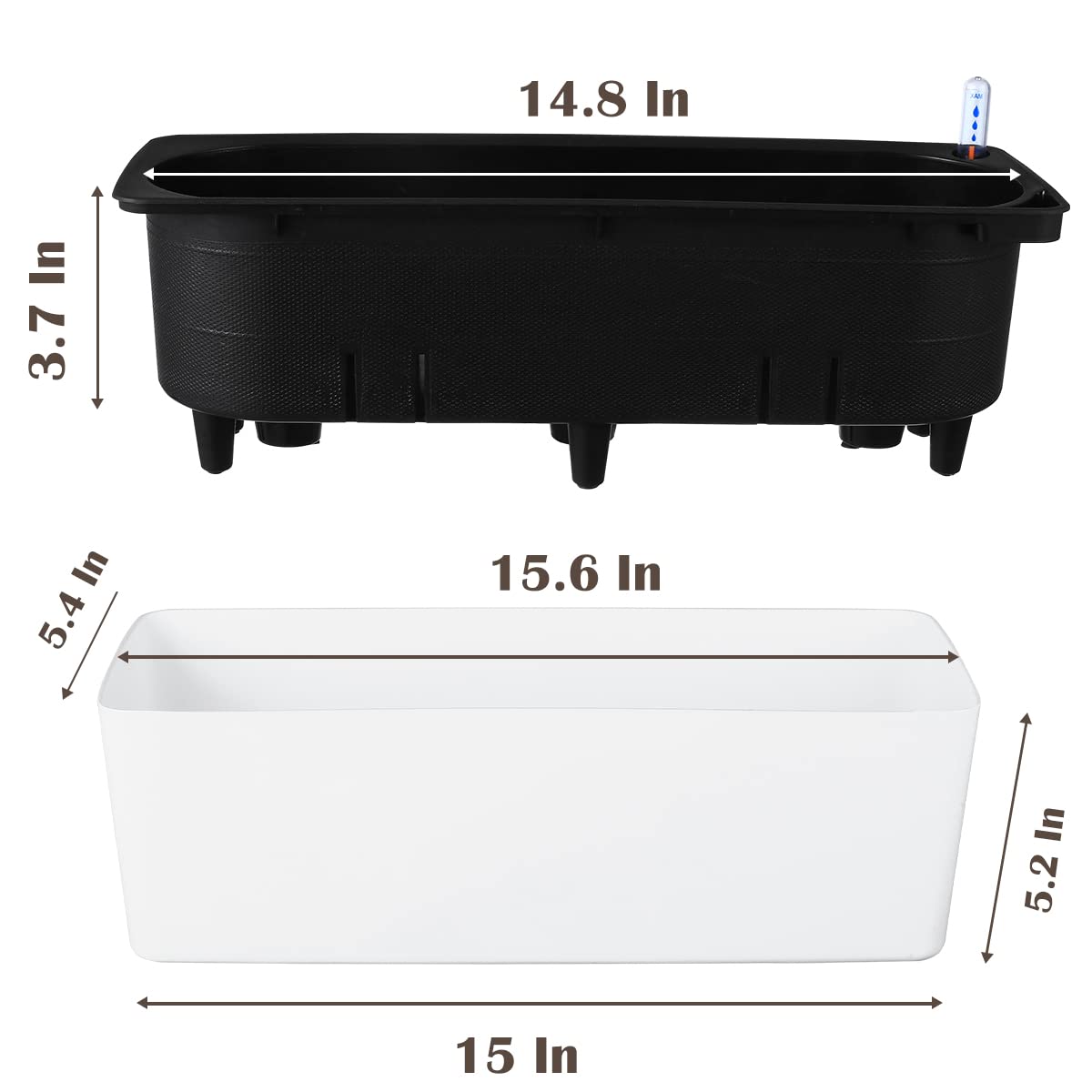 2 Pack Black Self Watering Rectangular Planters - 15.6 x 5.4 Inch Indoor Window Sill Flower Pots with Drainage Holes | Perfect for Herbs, Succulents & Small Plants in Kitchen, Office or Balcony