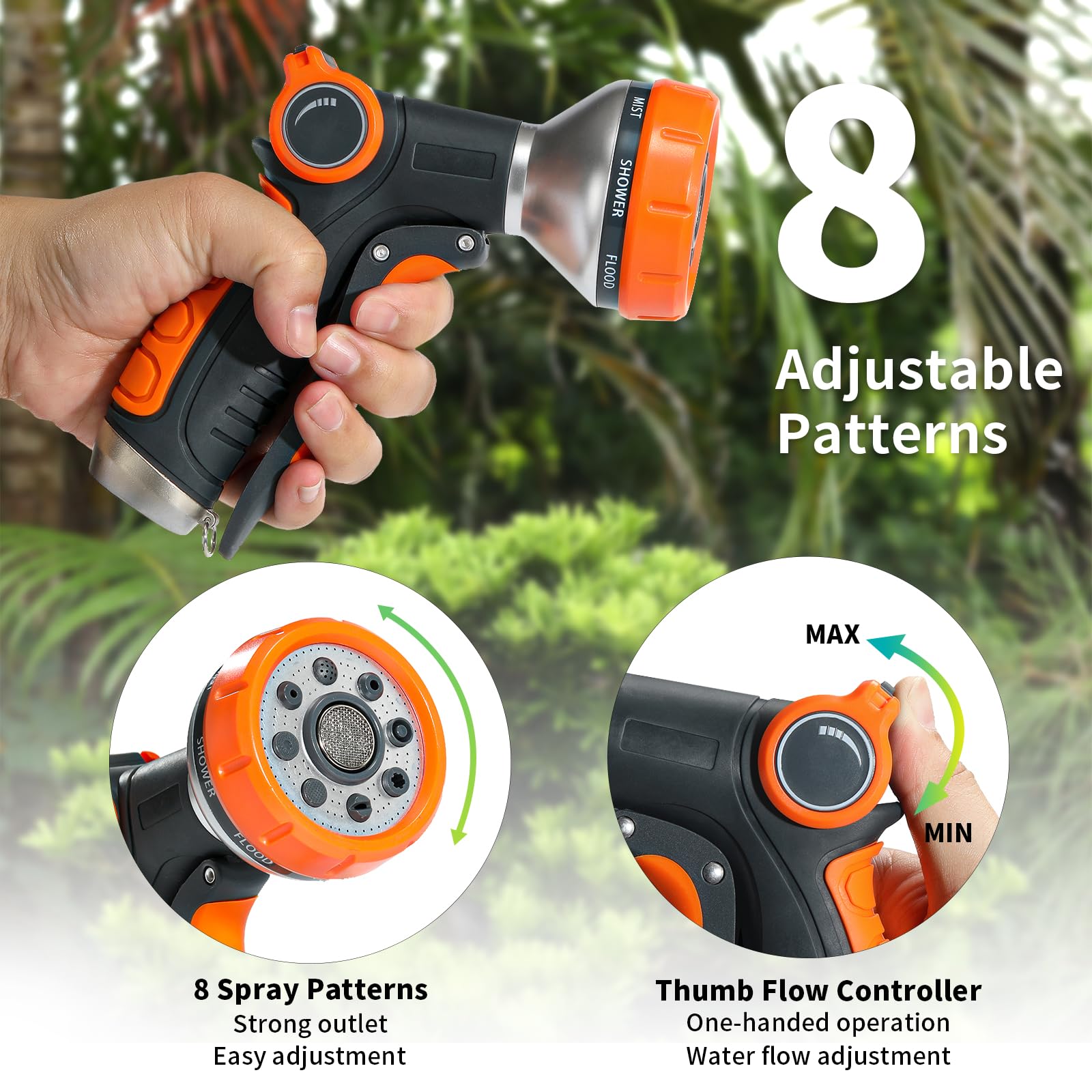 Heavy Duty Water Hose Nozzle with 8 Spray Patterns - Adjustable Thumb Control, Ergonomic Trigger & Quick-Release Buckle - Perfect for Garden Watering, Car Washing, Pet Bathing & Outdoor Cleaning