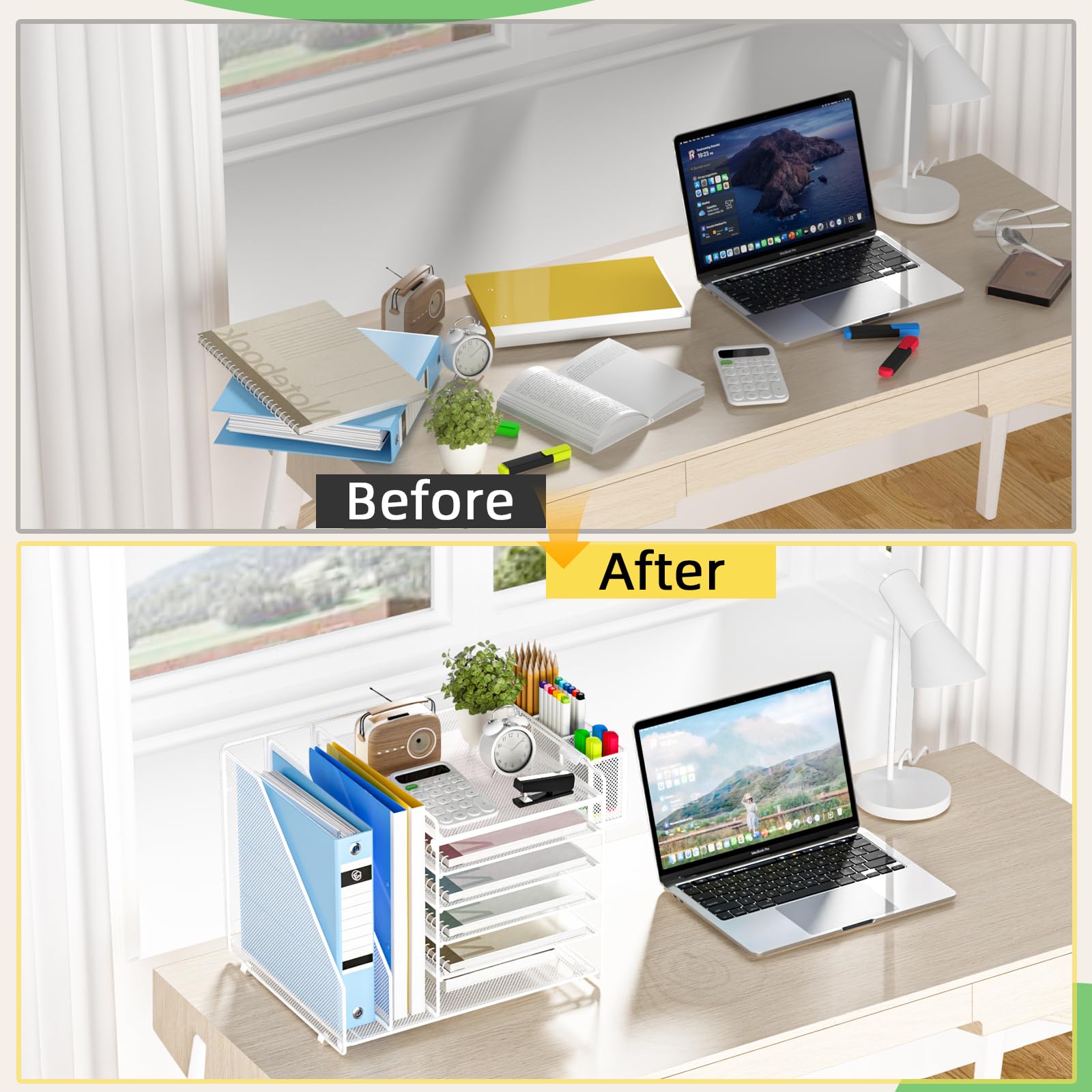 6-Tier Mesh Desk Organizer with File & Pen Holders - White Office Paper Tray for Workspace Organization | Perfect for Home Office, Study Desk & Office Workstation Accessories