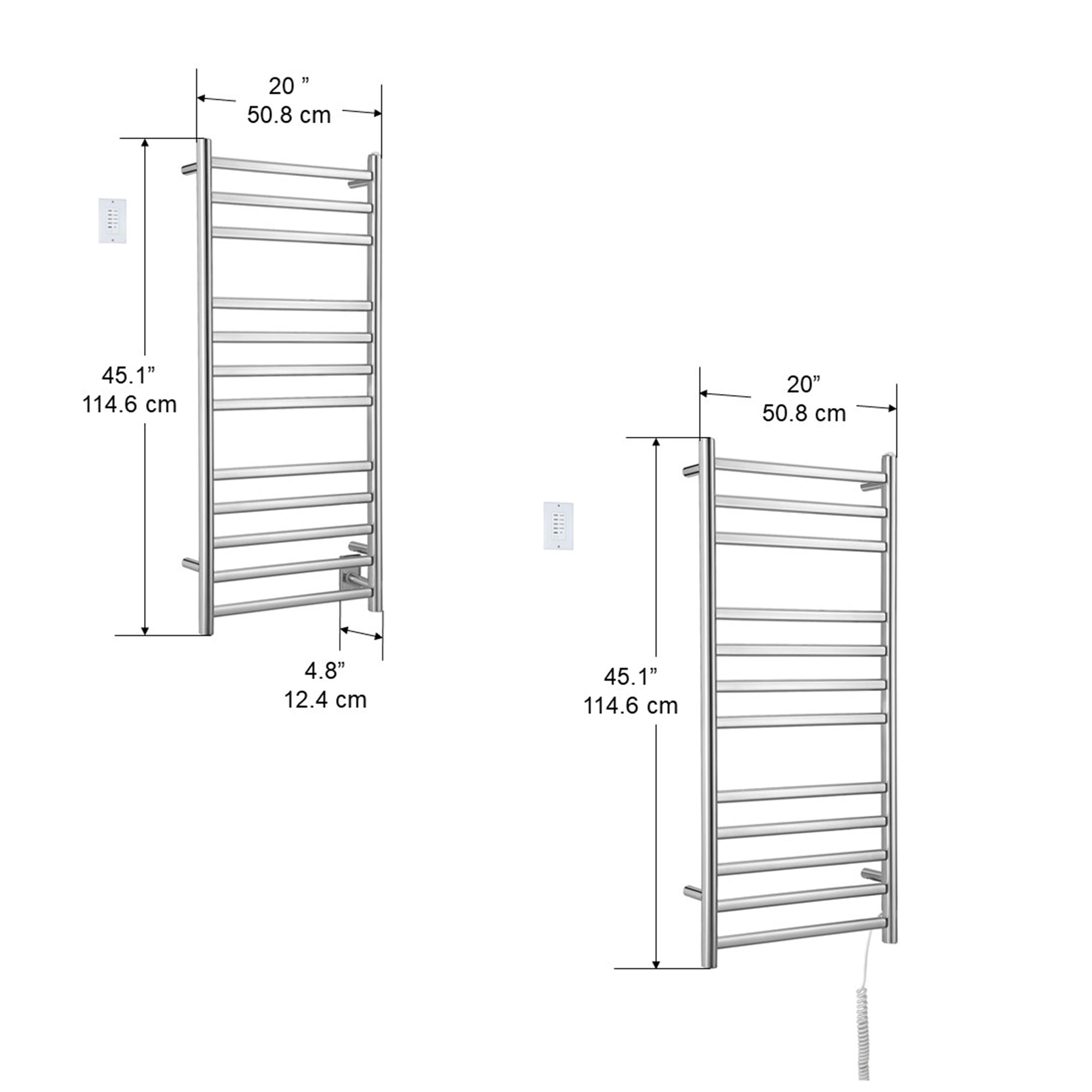 Prima Dual XL 12 Bar Hardwired & Plug-in Electric Towel Warmer - Polished Stainless Steel with Countdown Timer - Perfect for Bathrooms, Spas & Luxury Homes