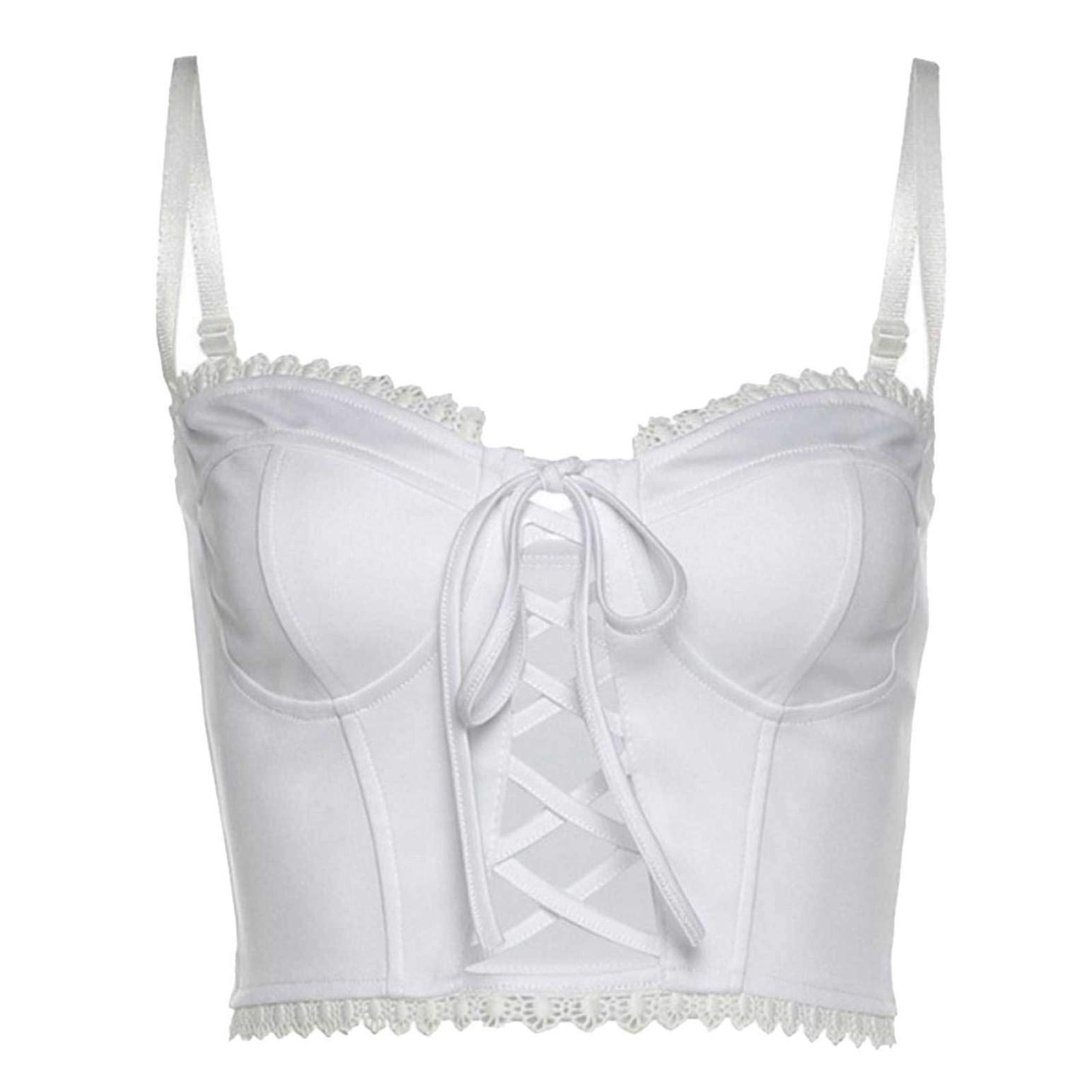Y2K Women's Sleeveless Crop Top - Lace Trim Ruched Hollow Out Tank Top in White | Perfect for Summer Outfits, Music Festivals & Streetwear Fashion