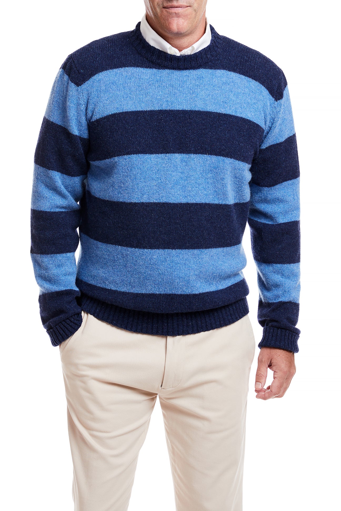 Shetland Crewneck Sweater for Men & Women - Navy & Denim Striped Knit Pullover - Cozy Winter Wear for Casual Outfits & Office Style
