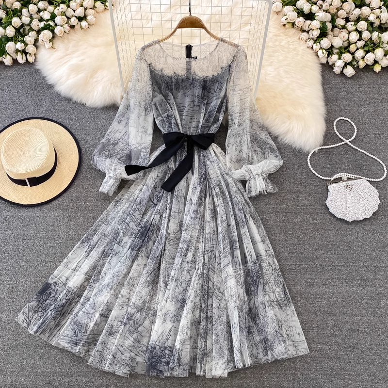 Fairy Ink Retro Round Neck Mesh Elegant Floral Summer Dress for Women - Perfect for Parties, Weddings & Date Nights