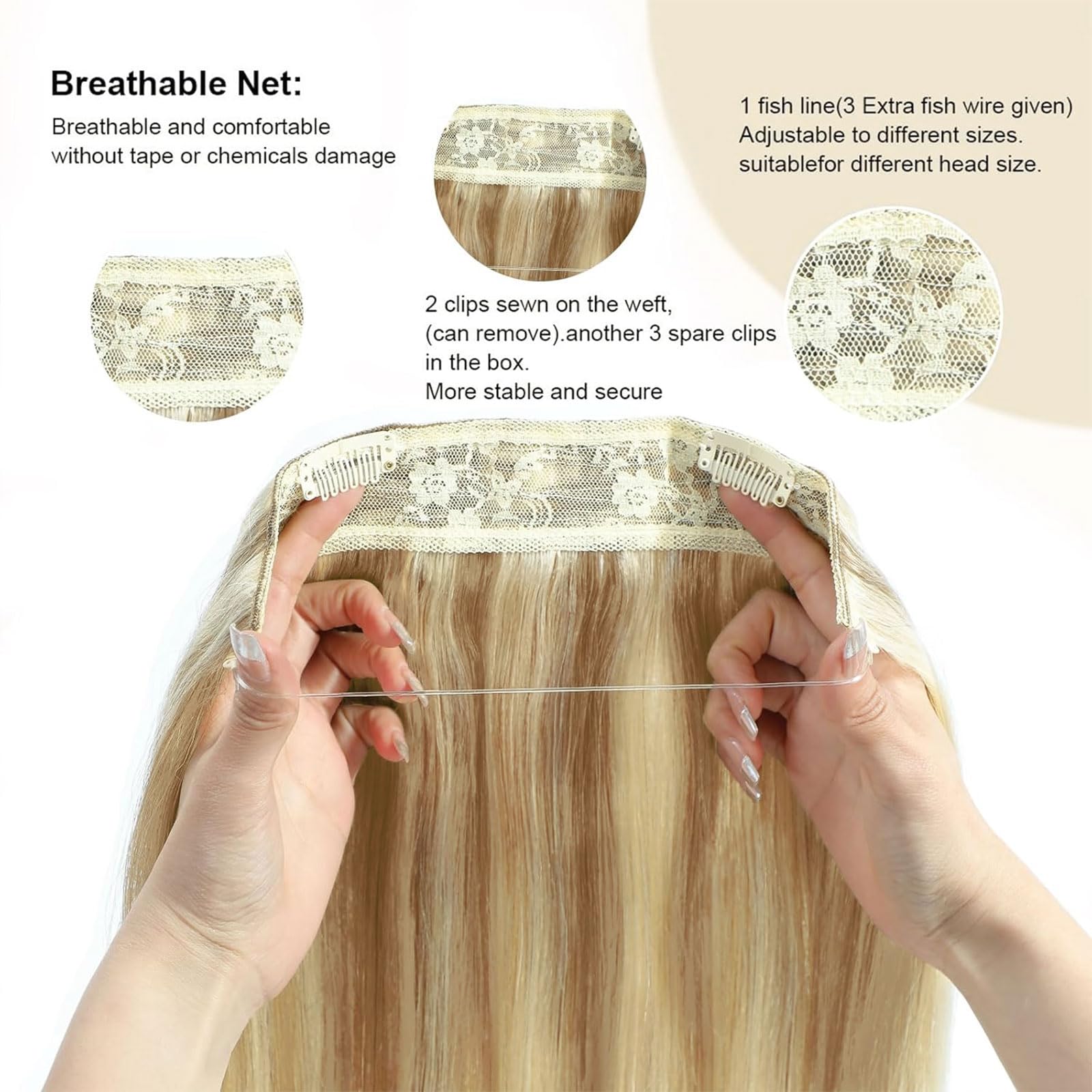RECOOL 20 Inch Real Human Hair Extensions - Balayage Light Blonde to Bleach Blonde Remy Hair with Invisible Wire, Straight Clip-in Extensions for Daily Wear & Special Occasions