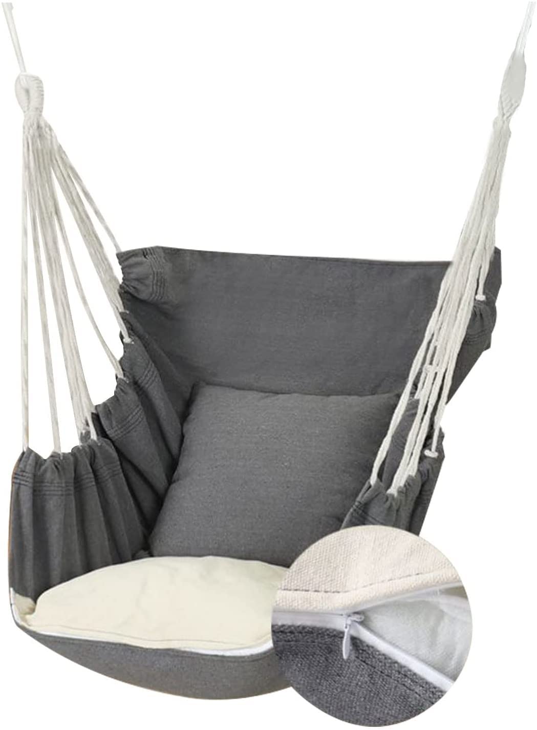 Hanging Hammock Swing Chair with 2 Cushions - 330lbs Weight Capacity - Cotton Rope Seat for Patio, Porch, Backyard, Bedroom - Indoor/Outdoor Use (Grey) - Perfect for Relaxing, Reading & Lounging in Your Garden or Living Space