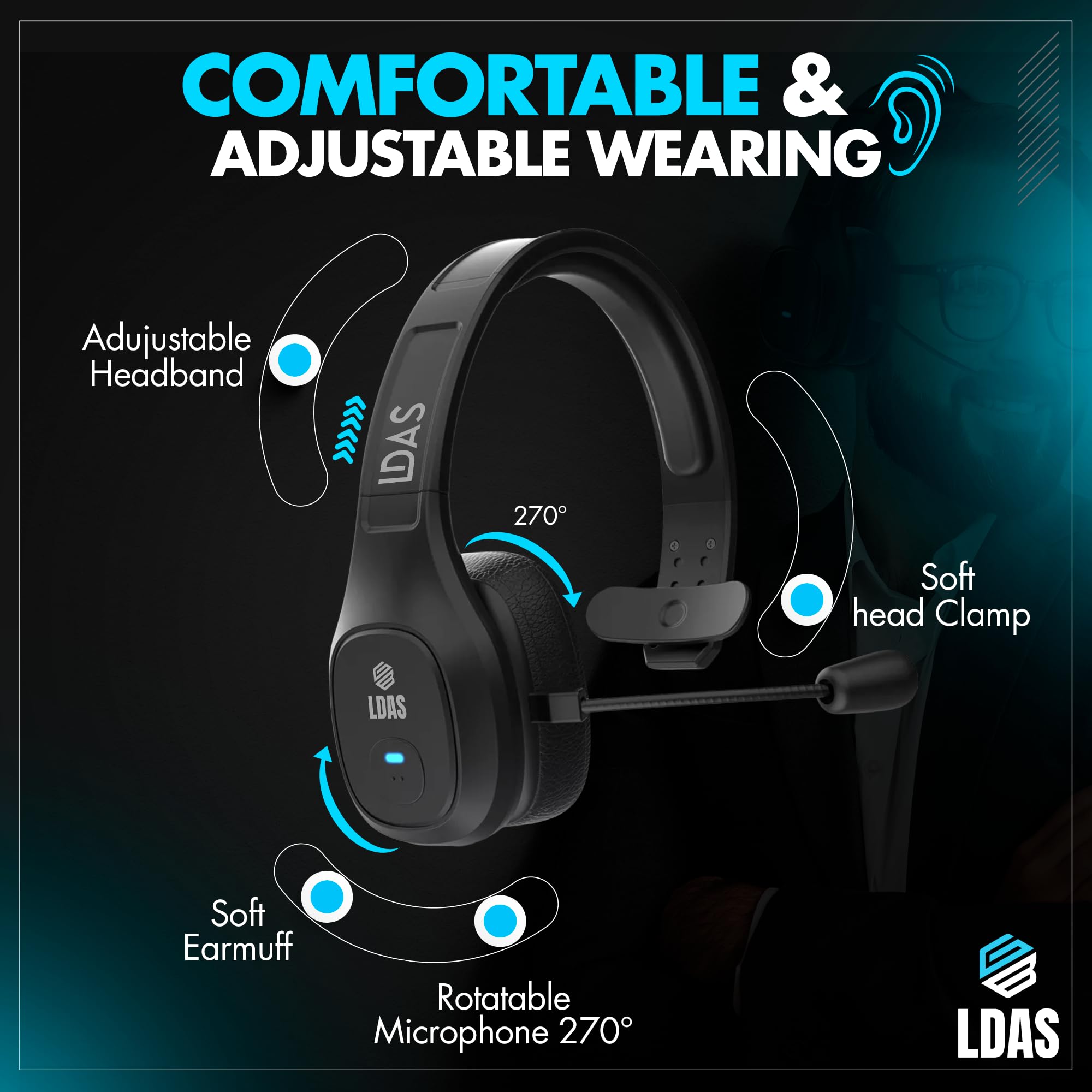 LDAS Trucker Bluetooth Headset V5.2 - Wireless Over-Ear Headphones with Mute Button & AI Noise Cancellation for Phone Calls | Compatible with Cell Phones, Computers & Home Office | Includes Charger | Perfect for Truck Drivers, Remote Work & Online Meetings