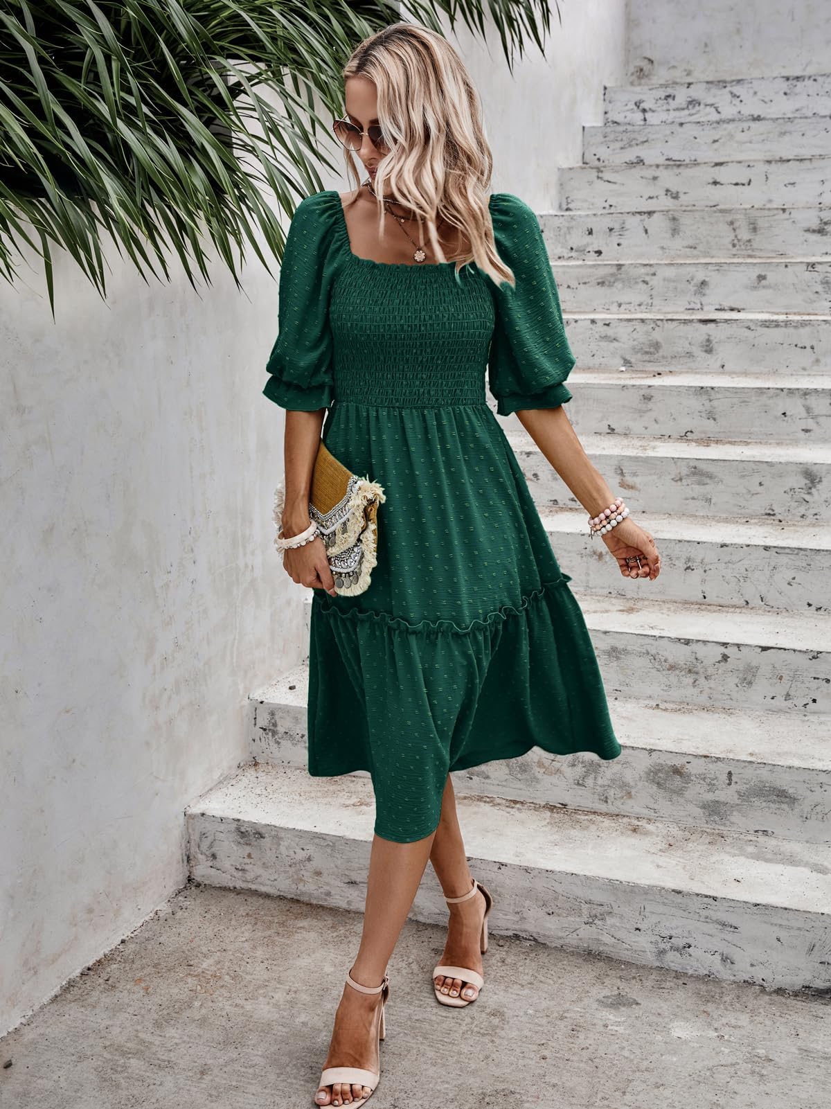 PRETTYGARDEN Women's Summer Casual Dress 2025 - Puff Sleeve Square Neck A-line Flowy Boho Floral Smocked Midi Dress for Beach Vacation, Garden Party & Date Night