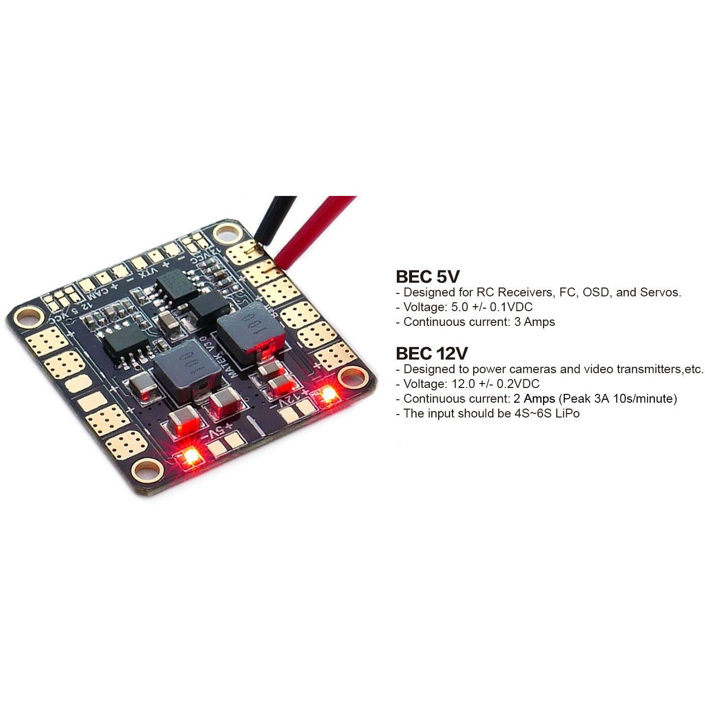 Matek Power Hub with BEC 5V & 12V Output - Dual Voltage Power Distribution Board for FPV Drones and RC Models - Perfect for Drone Racing and DIY Electronics Projects