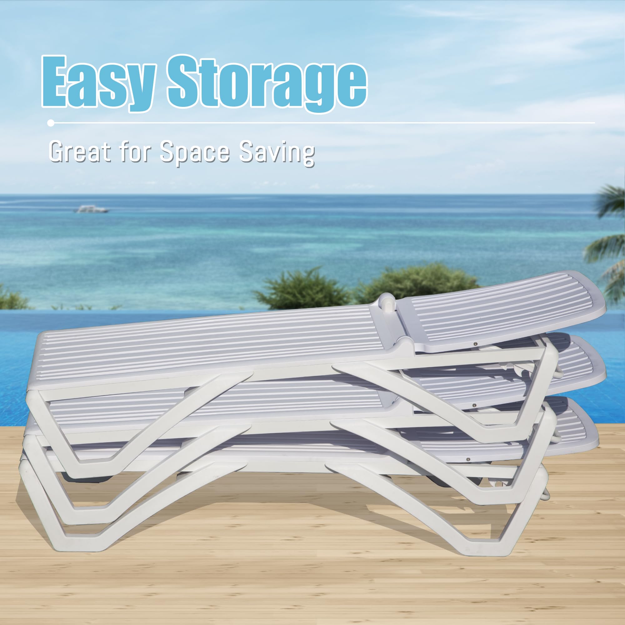 Domi Patio Chaise Lounge - All-Weather Adjustable Reclining Outdoor Lounge Chair with Wheels, Stackable Plastic Tanning Chair for Beach, Garden, Lawn, Poolside Relaxation | Perfect for Sunbathing, Lounging by the Pool, or Backyard Relaxation