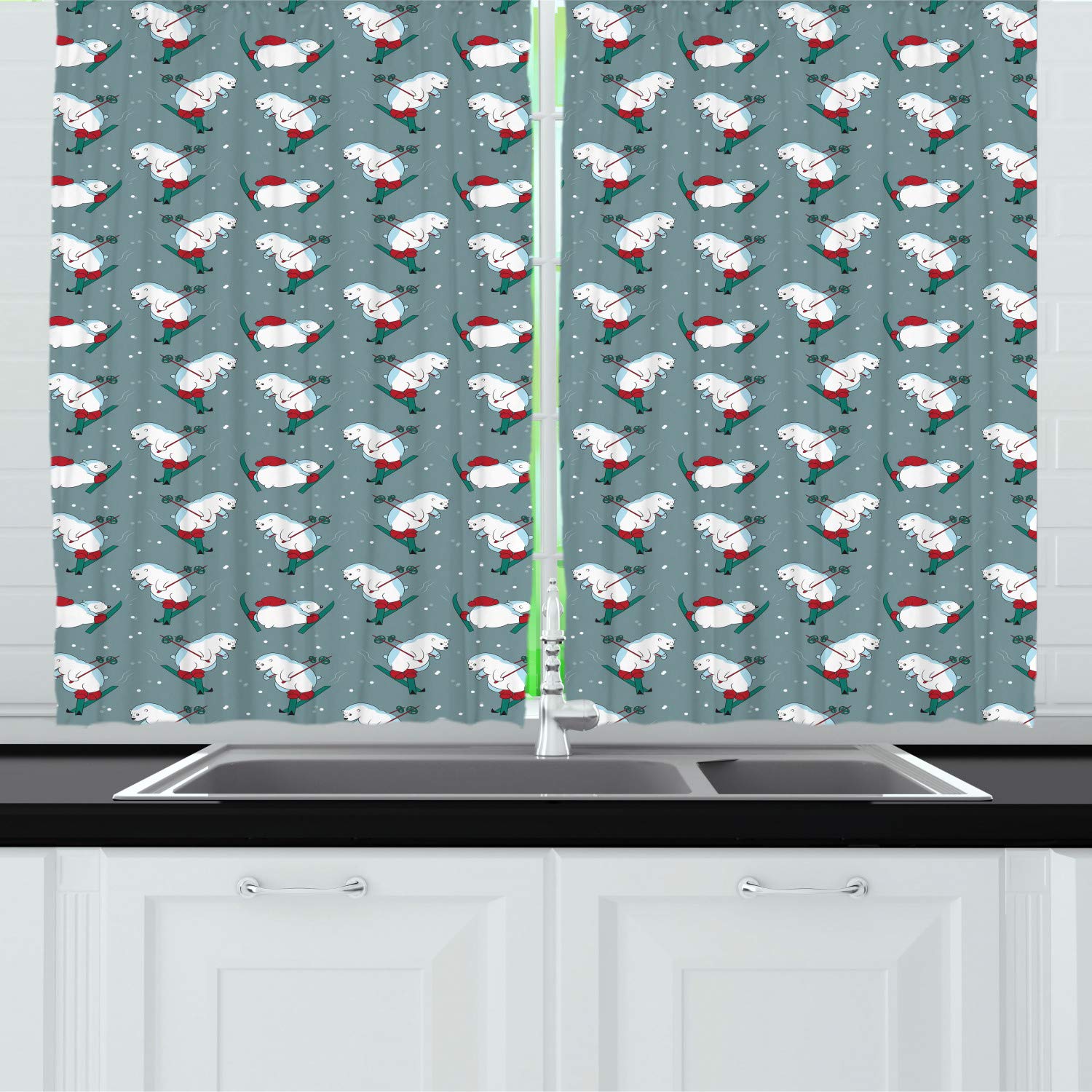 Ambesonne Winter Long Kitchen Curtains - Funny Polar Bears Skiing Snowy Season Print, 2 Panel Rod Pocket Drapes (55x45 Inch) - Blue Grey White & Red - Perfect for Cozy Winter Home Decor & Holiday Kitchen Windows