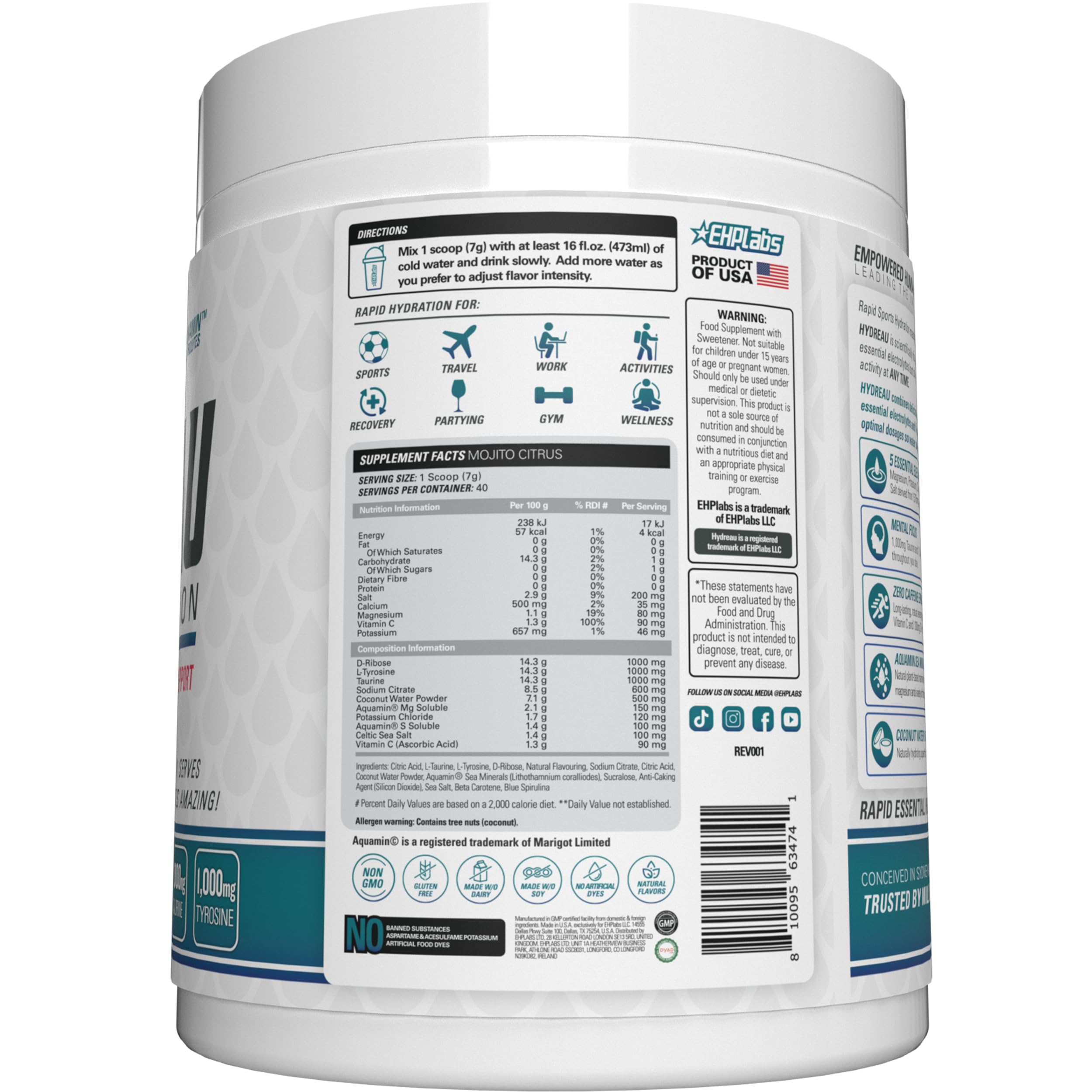 EHP Labs Hydreau Hydration Support Powder - 40 Servings | Electrolyte & Vitamin Supplement for Hydration & Recovery | Perfect for Workouts, Travel & Daily Hydration Needs