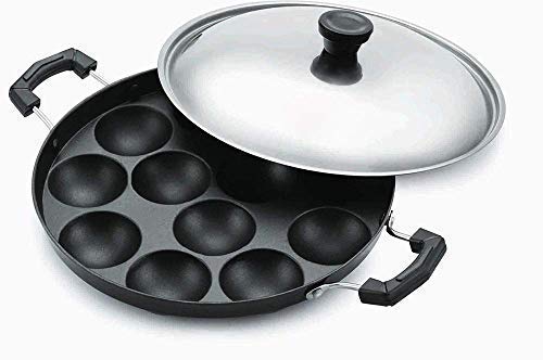 Nonstick Appam Pan - 12 Cavity Paniyaram Pan with Stainless Steel Lid (30cm) - Perfect for Making South Indian Appam, Paniyaram & Breakfast Snacks at Home