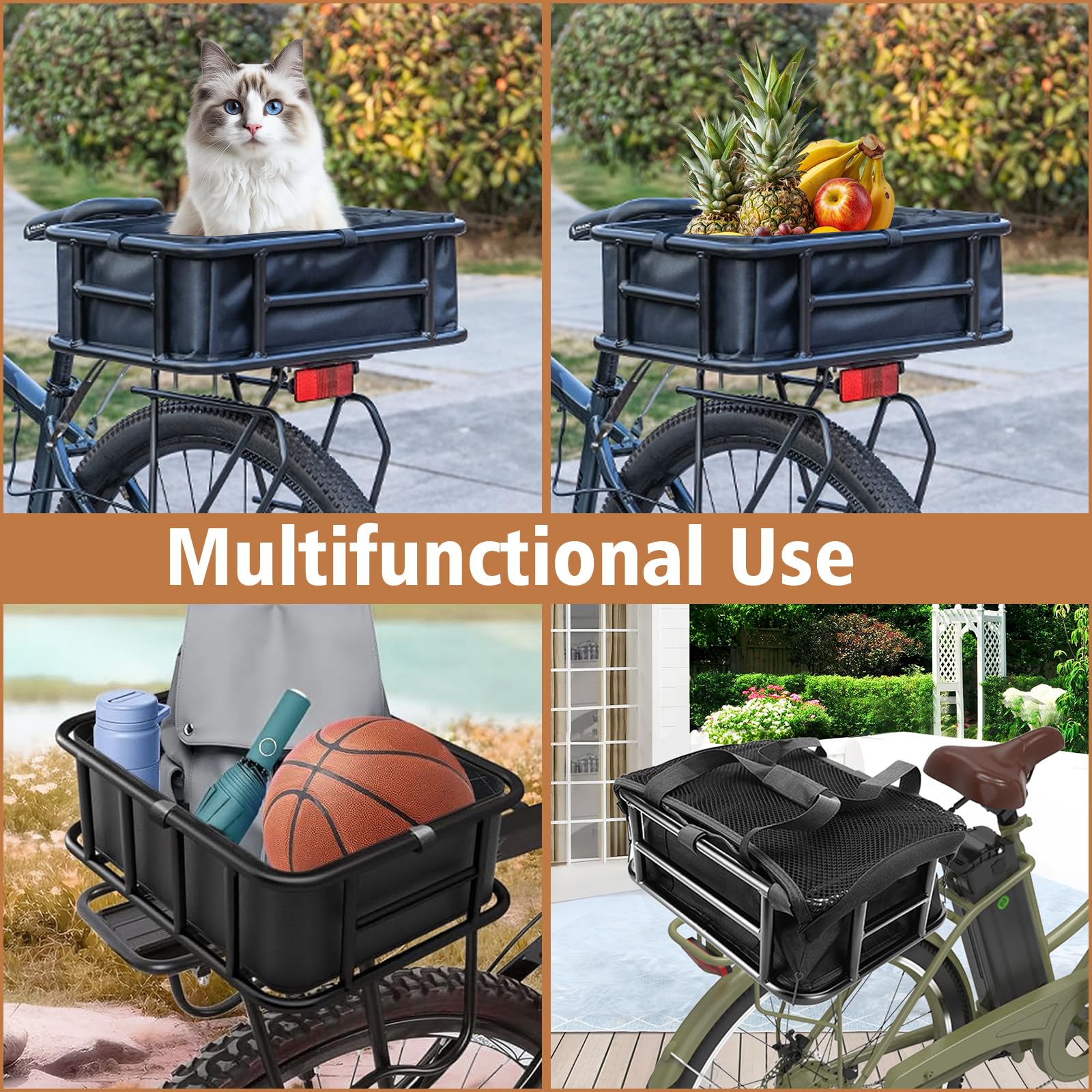 **Heavy Duty Rear Bike Basket with Waterproof Cover & Cargo Net - Large Rear Rack Basket for Bicycles & E-Bikes - Perfect for Commuting, Groceries & Outdoor Adventures**