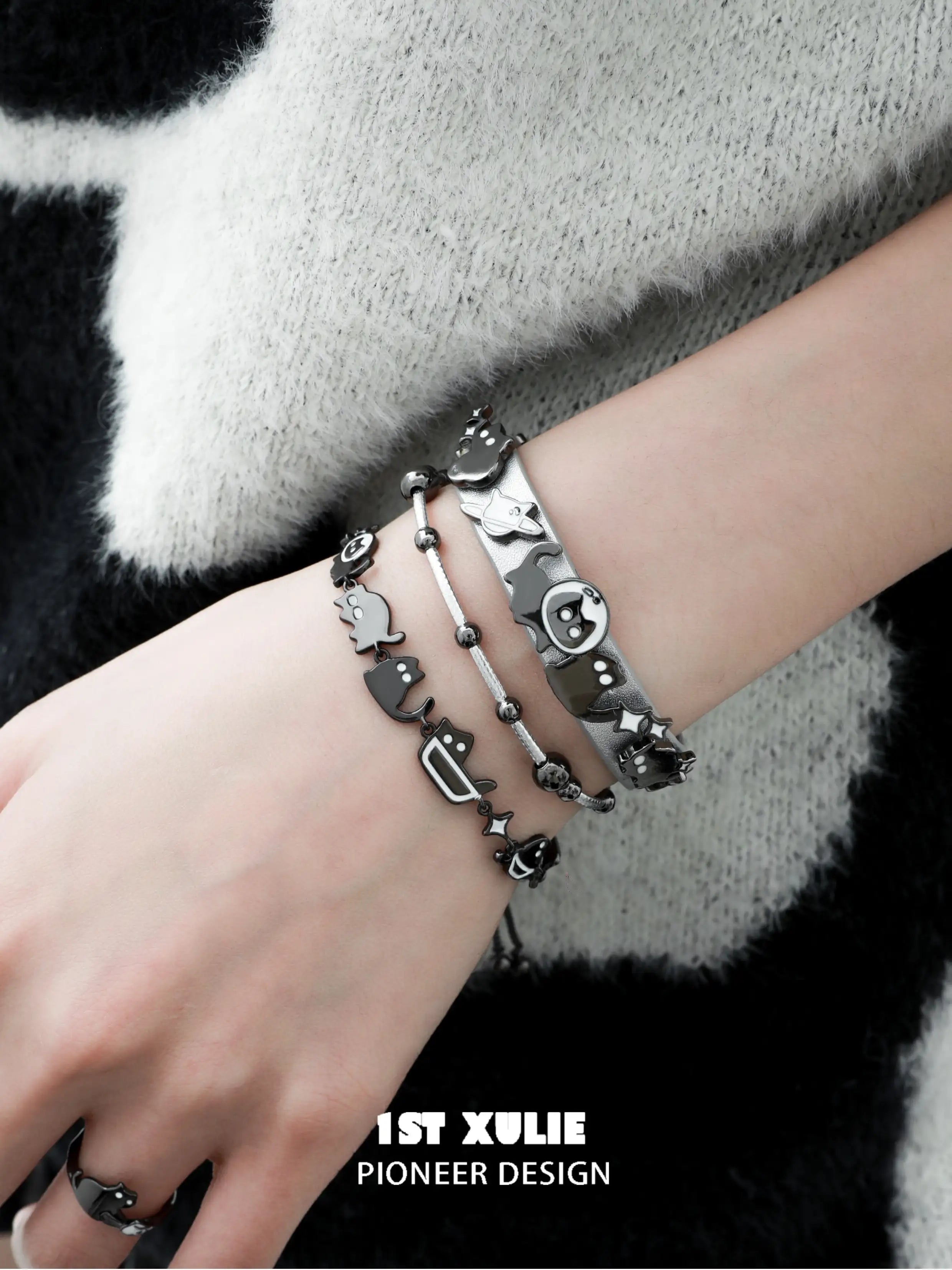 18K Black Gold Plated Leather Bracelet with Ghost & Black Cat Charm - Gothic Jewelry for Women, Perfect for Halloween, Witchy Aesthetic & Dark Fashion Accessories
