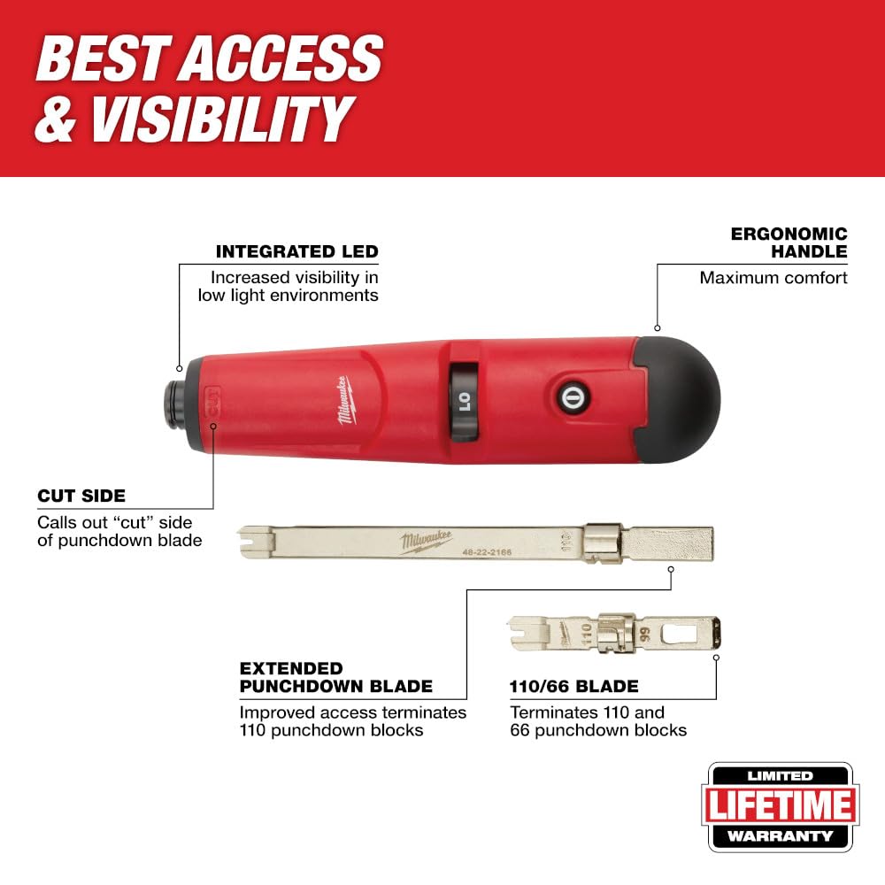 Milwaukee 48-22-2165 Punchdown Tool with Regular & Extended Blade - Professional Network Cable Termination Tool for Ethernet, Cat5, Cat6 Wiring - Ideal for IT Technicians & Telecom Installations