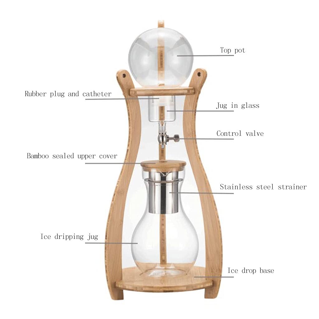 Premium Ice Drip Coffee Maker - 10-12 Cup Cold Brew Iced Coffee Maker with 1.5L Glass Pitcher (50.7oz) - Perfect for Homemade Cold Brew Coffee & Tea - Wood Color - Ideal for Office, Kitchen & Outdoor Use