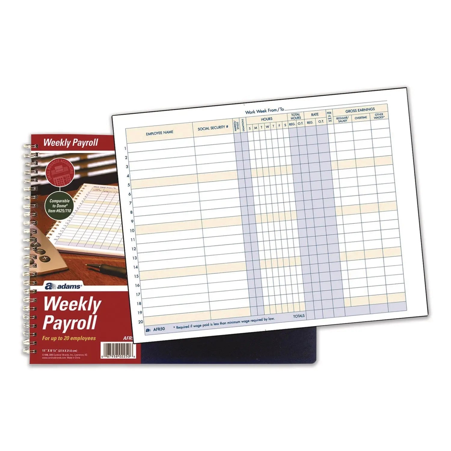 Adams® Weekly Payroll Record Book for 20 Employees - 36 Column Accounting Ledger with Royal Blue Cover, 8.5