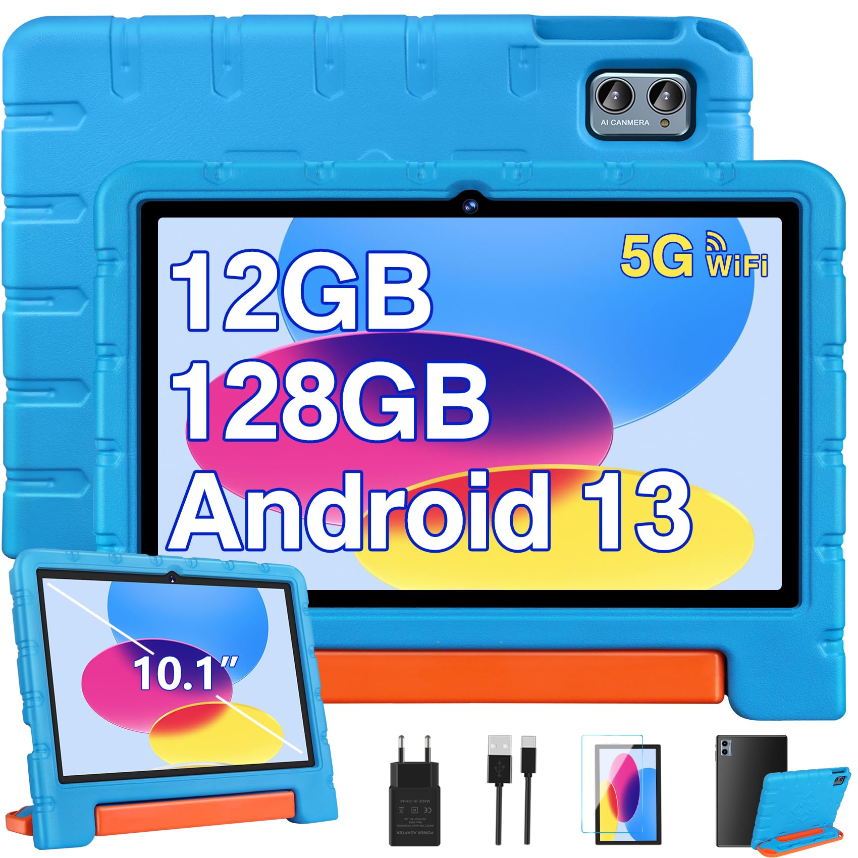 ZIOVO 10 Inch Android 13 Tablet - 12GB RAM 128GB ROM (Expandable to 1TB), 5G WiFi, Octa-Core 2.0GHz, Bluetooth 5.0, 8MP+5MP Dual Camera, 6000mAh Battery, Kids Mode with Protective EVA Case (Blue) - Perfect for Online Learning, Gaming & Entertainment