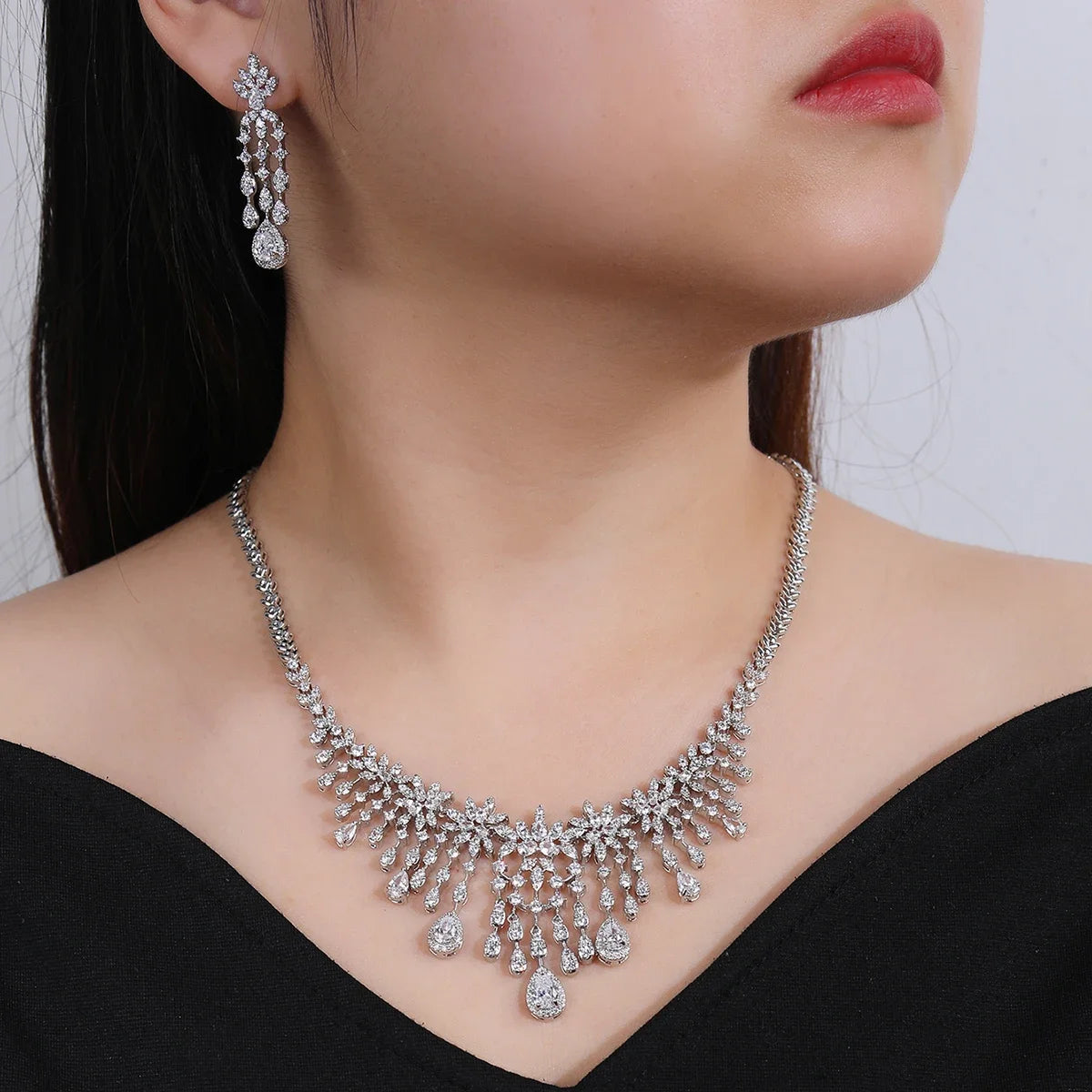 Cubic Zirconia Droplet Flower Tassel Necklace & Earrings 2-Piece Set - Elegant Bridal Jewelry for Women, Wedding & Party Accessories - Perfect for Bridal Showers, Prom & Special Occasions