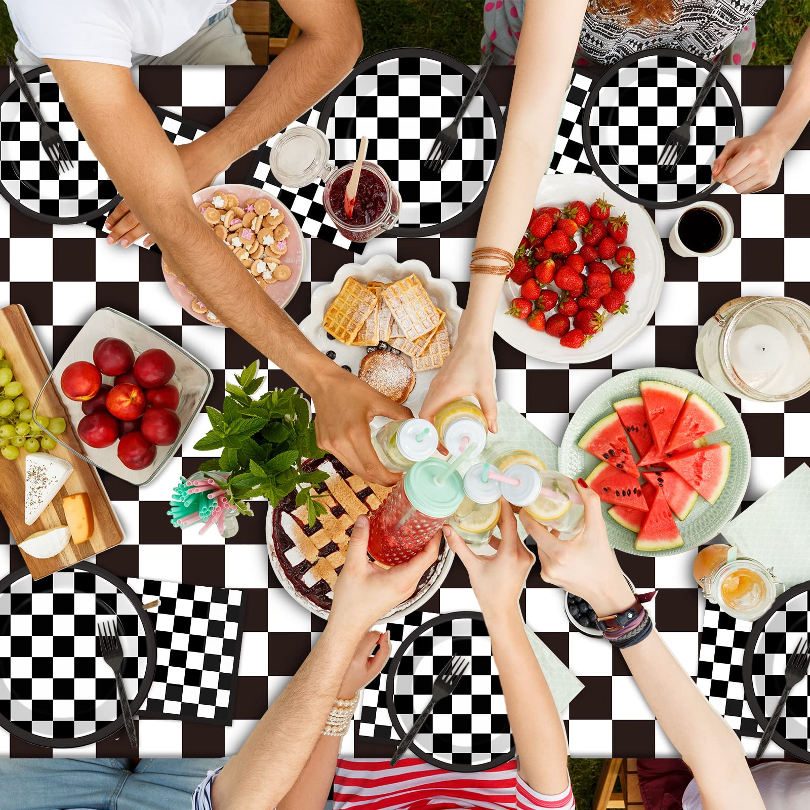 98-Piece Black and White Checkered Racing Party Supplies Set - Race Car Themed Tableware, Dinnerware & Decorations with Tablecloth, Plates, Napkins & Forks for Birthday Parties, Baby Showers & Sports Events